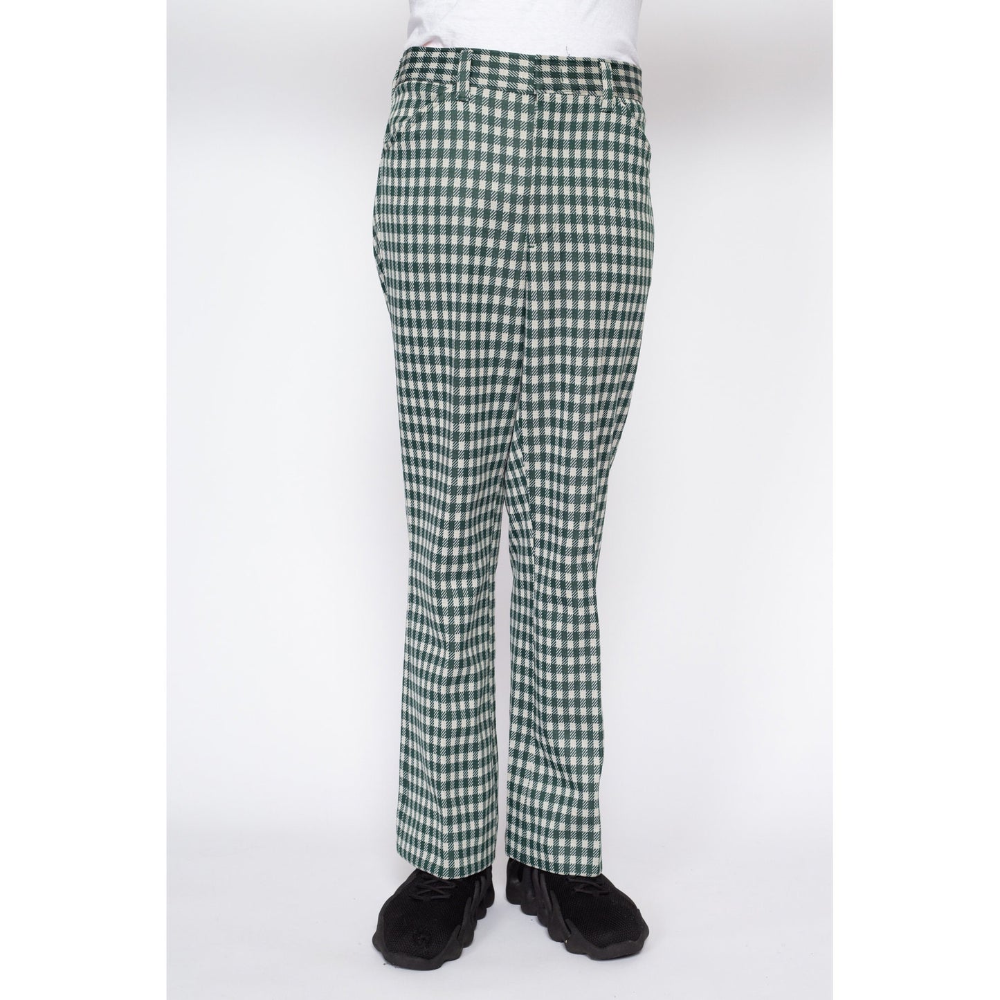 32" Waist 70s Green & White Gingham Trousers | Vintage Men's Retro High Waisted Plaid Bootcut Pants