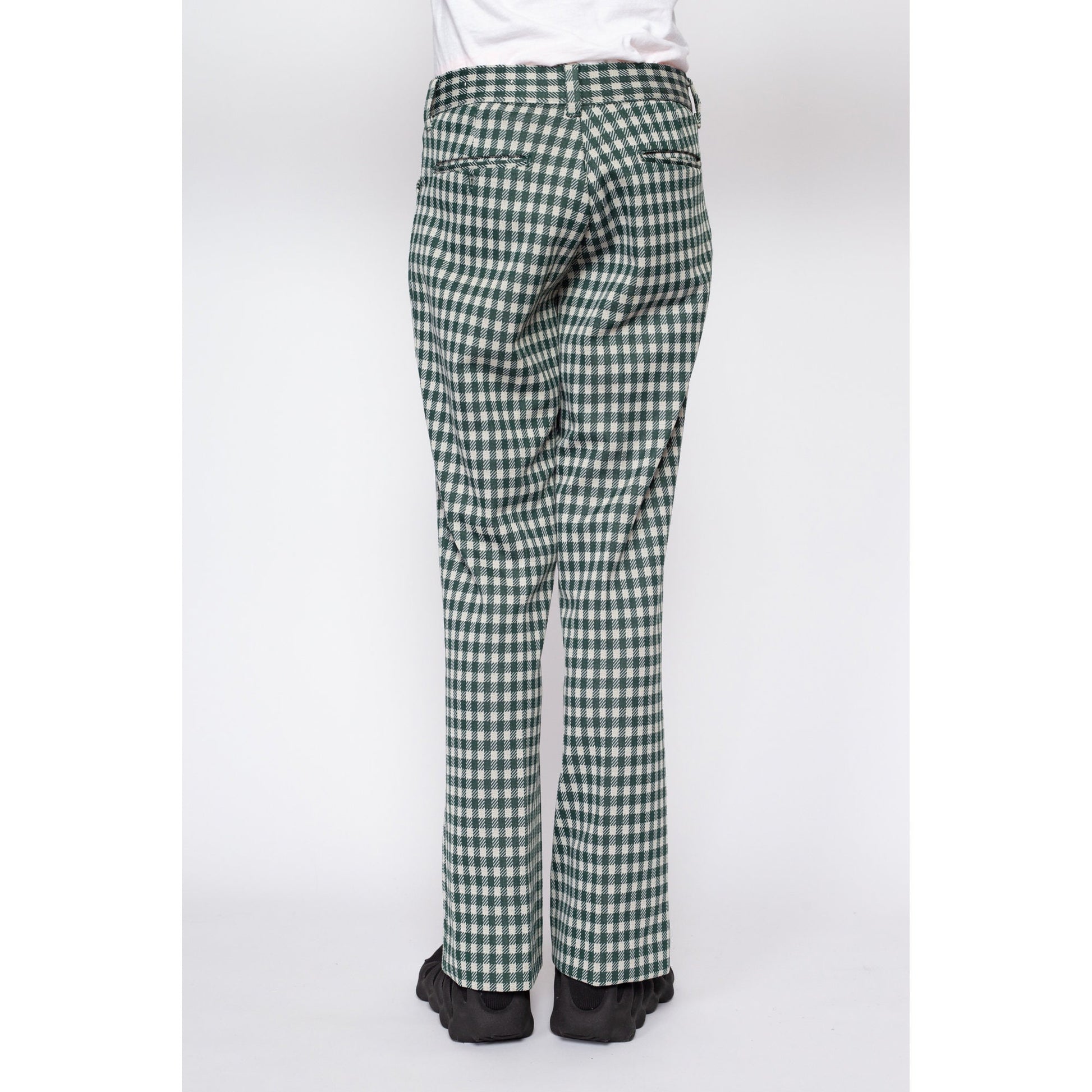 32" Waist 70s Green & White Gingham Trousers | Vintage Men's Retro High Waisted Plaid Bootcut Pants