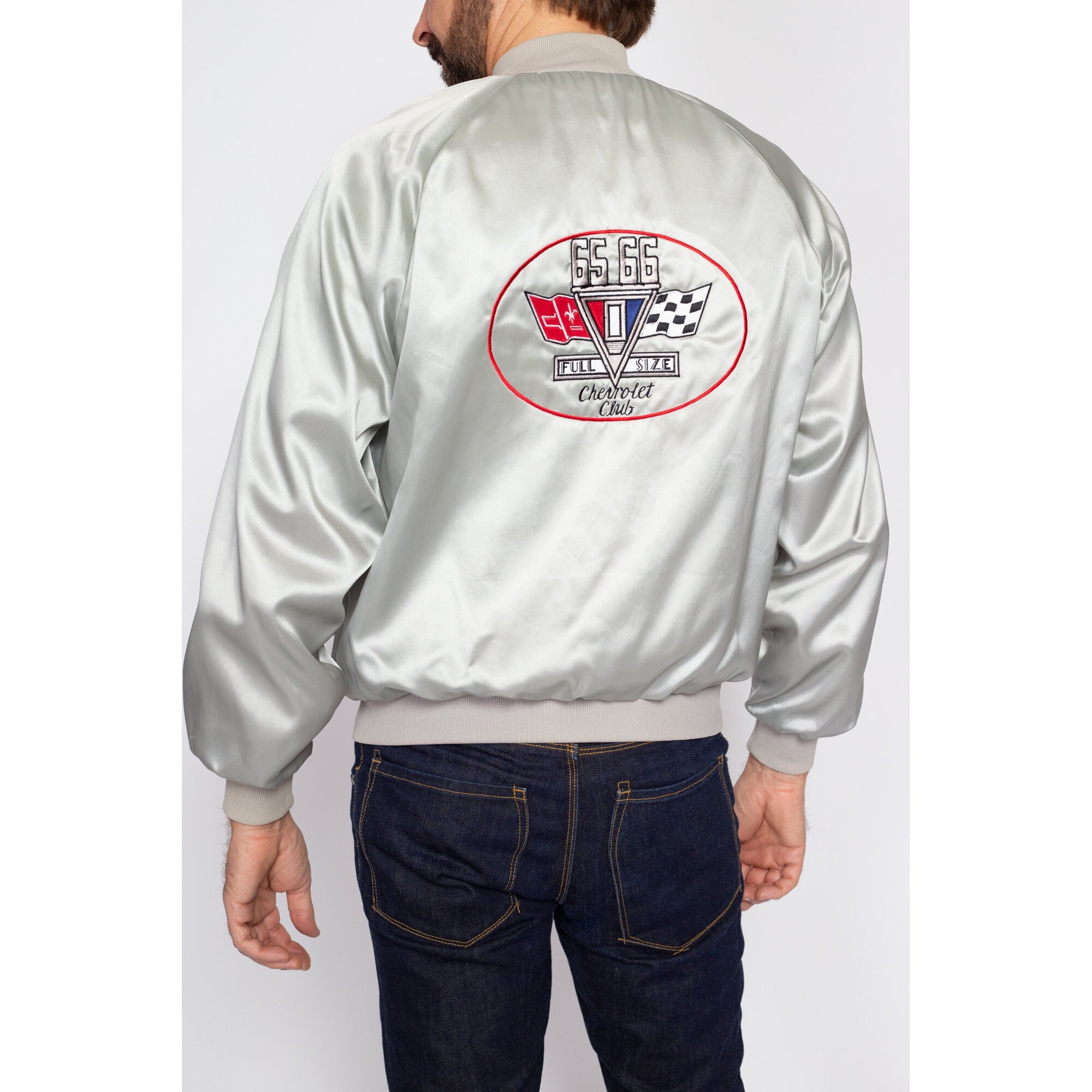 Medium 60s Chevrolet Car Club Silver Satin Jacket