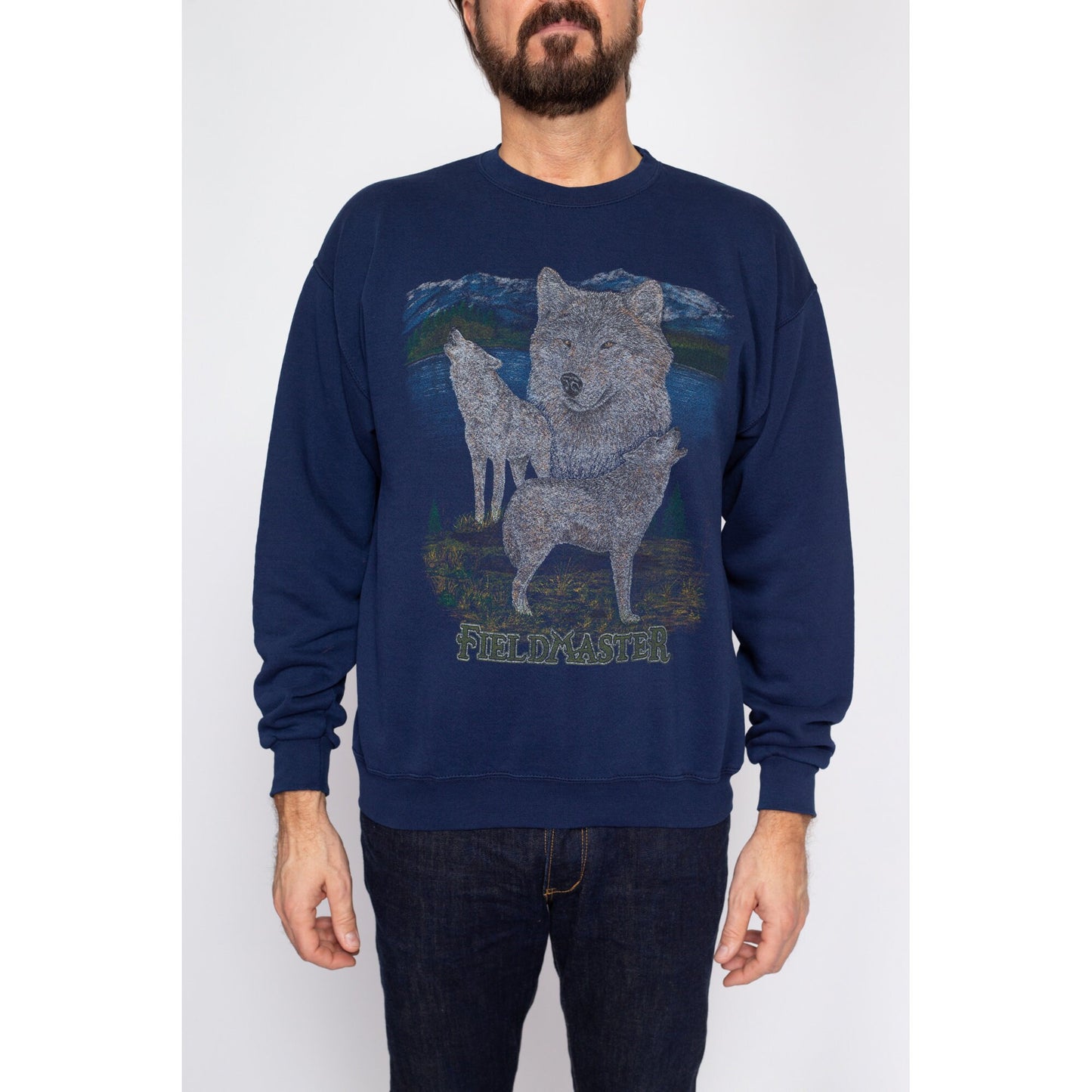 Med-Lrg 90s Fieldmaster Wolf Sweatshirt | Vintage Navy Blue Animal Graphic Crewneck Pullover