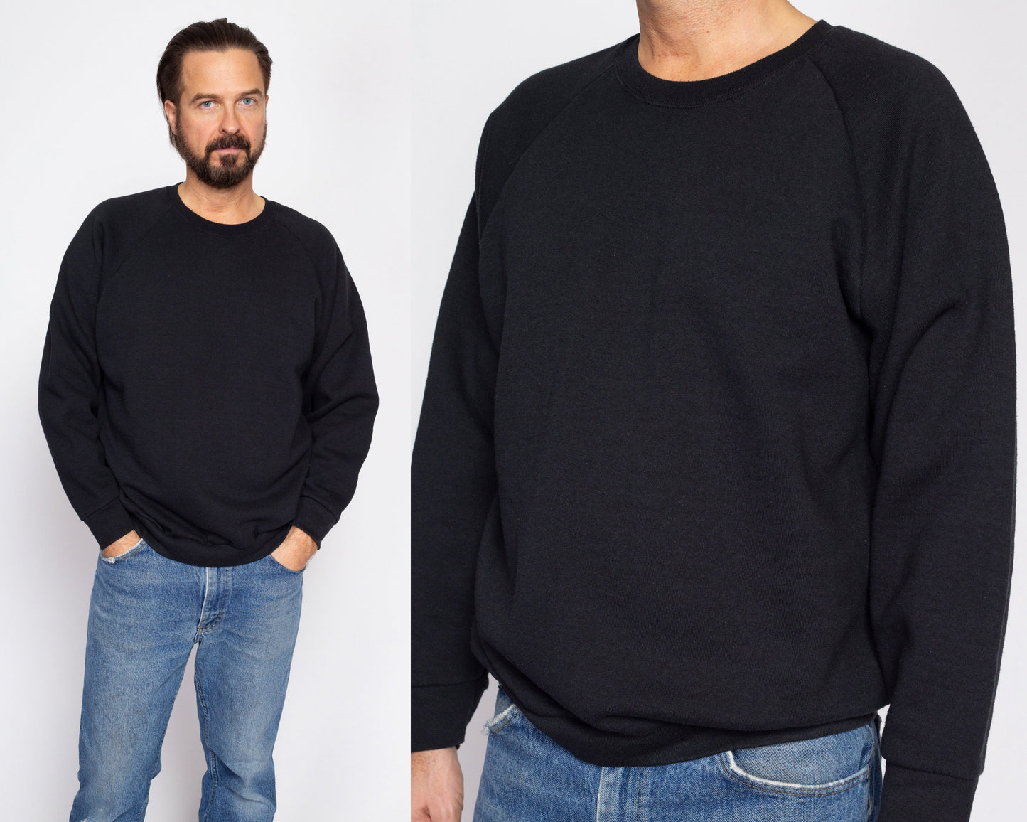 Large 90s Black Crewneck Raglan Sweatshirt | Vintage Fruit Of The Loom Blank Slouchy Plain Pullover