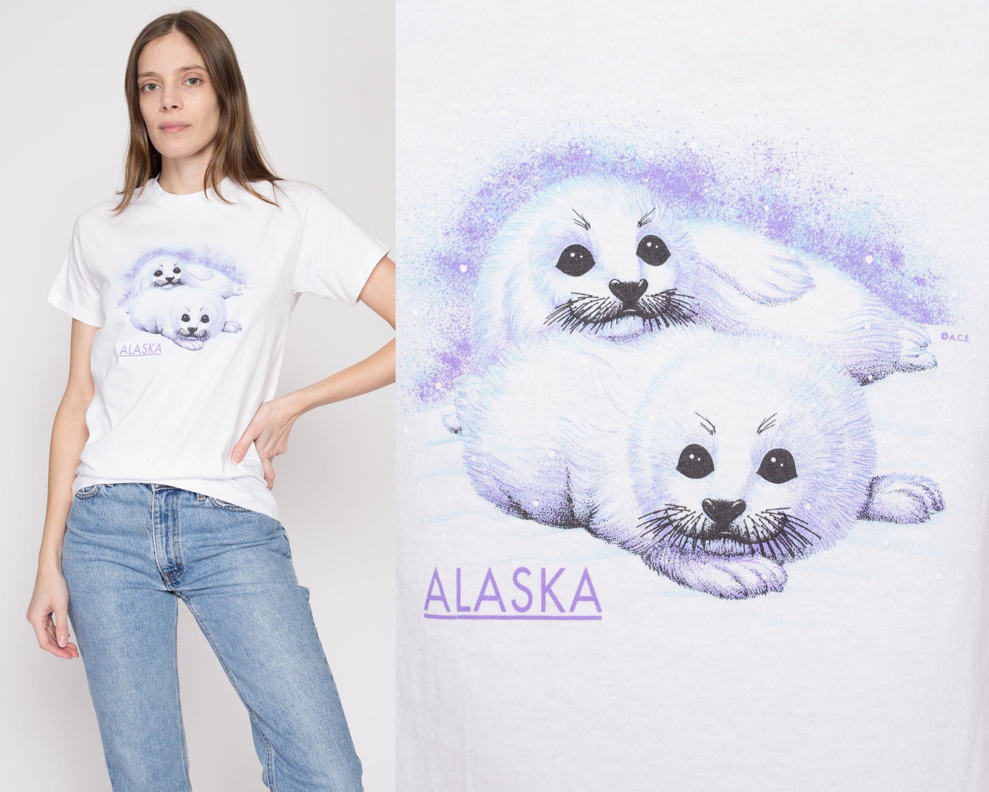 XS 90s Alaska Baby Seal T Shirt | Vintage White Animal Cub Graphic Tourist Tee