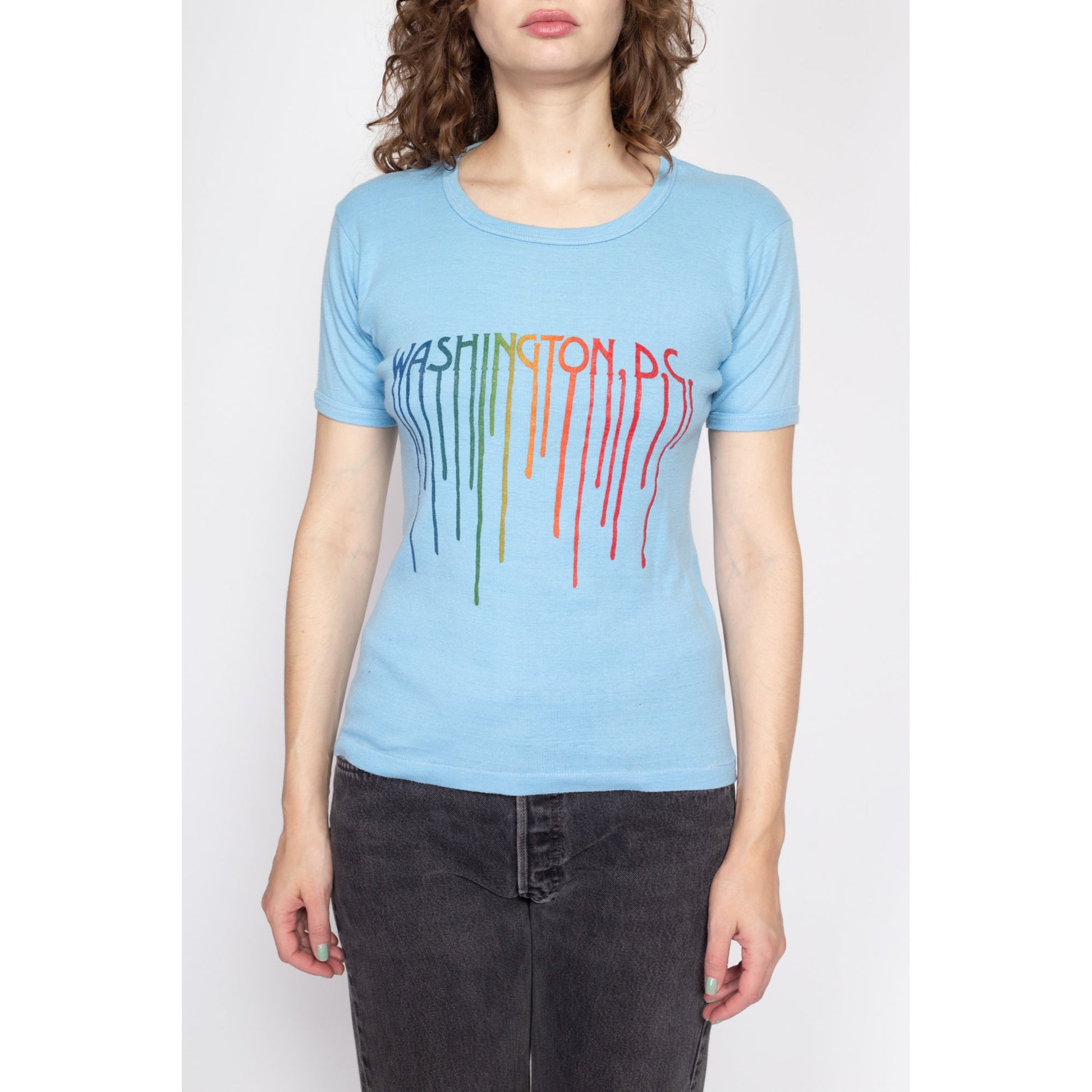 Med-Lrg 70s Washington DC Rainbow Paint Drip Graphic Tee | Vintage Blue Novelty Print Fitted T Shirt