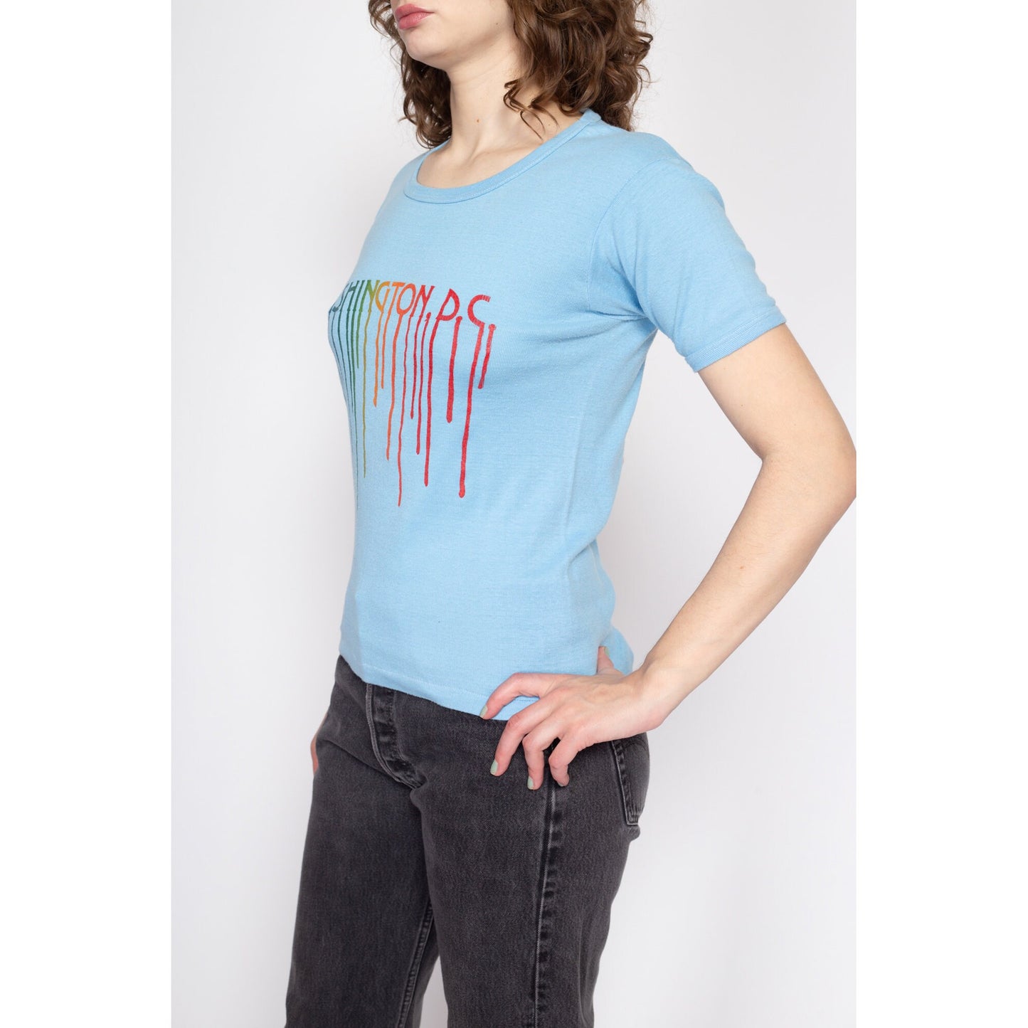 Med-Lrg 70s Washington DC Rainbow Paint Drip Graphic Tee | Vintage Blue Novelty Print Fitted T Shirt