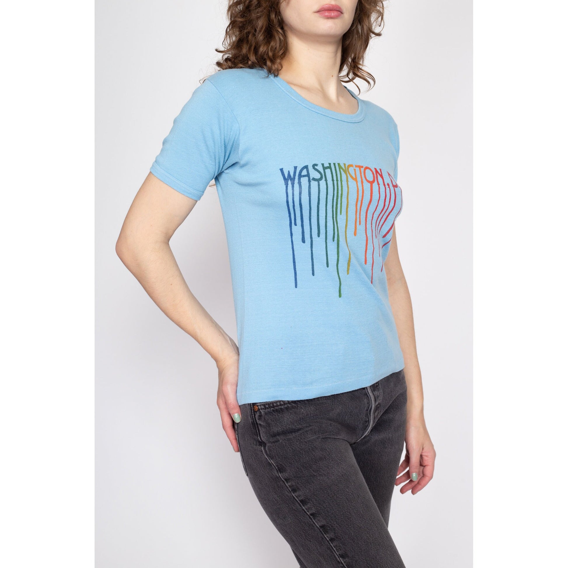 Med-Lrg 70s Washington DC Rainbow Paint Drip Graphic Tee | Vintage Blue Novelty Print Fitted T Shirt