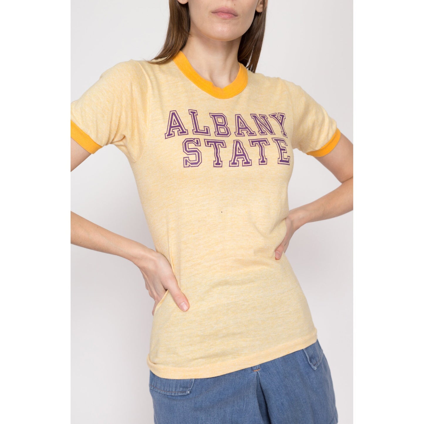 Small 80s Albany State Ringer T Shirt | Vintage Yellow Graphic University College Tee