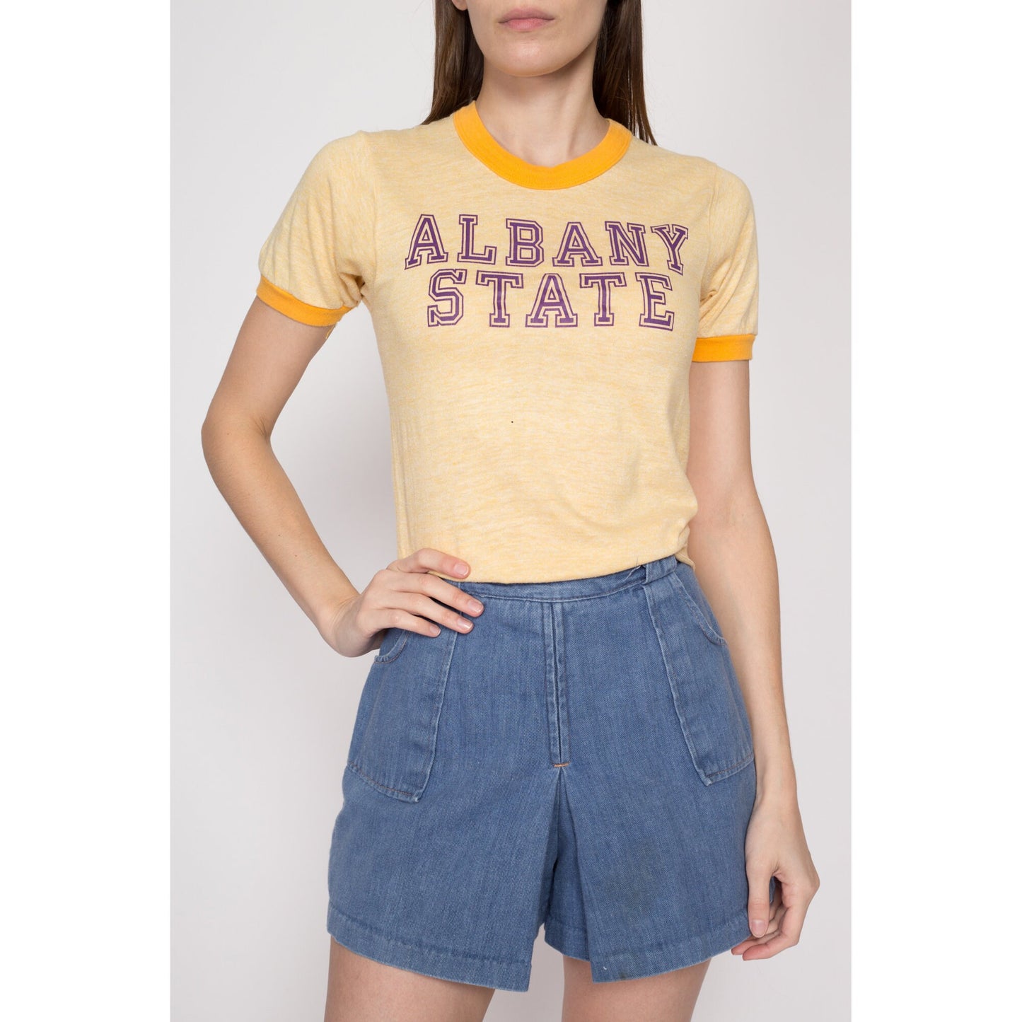 Small 80s Albany State Ringer T Shirt | Vintage Yellow Graphic University College Tee