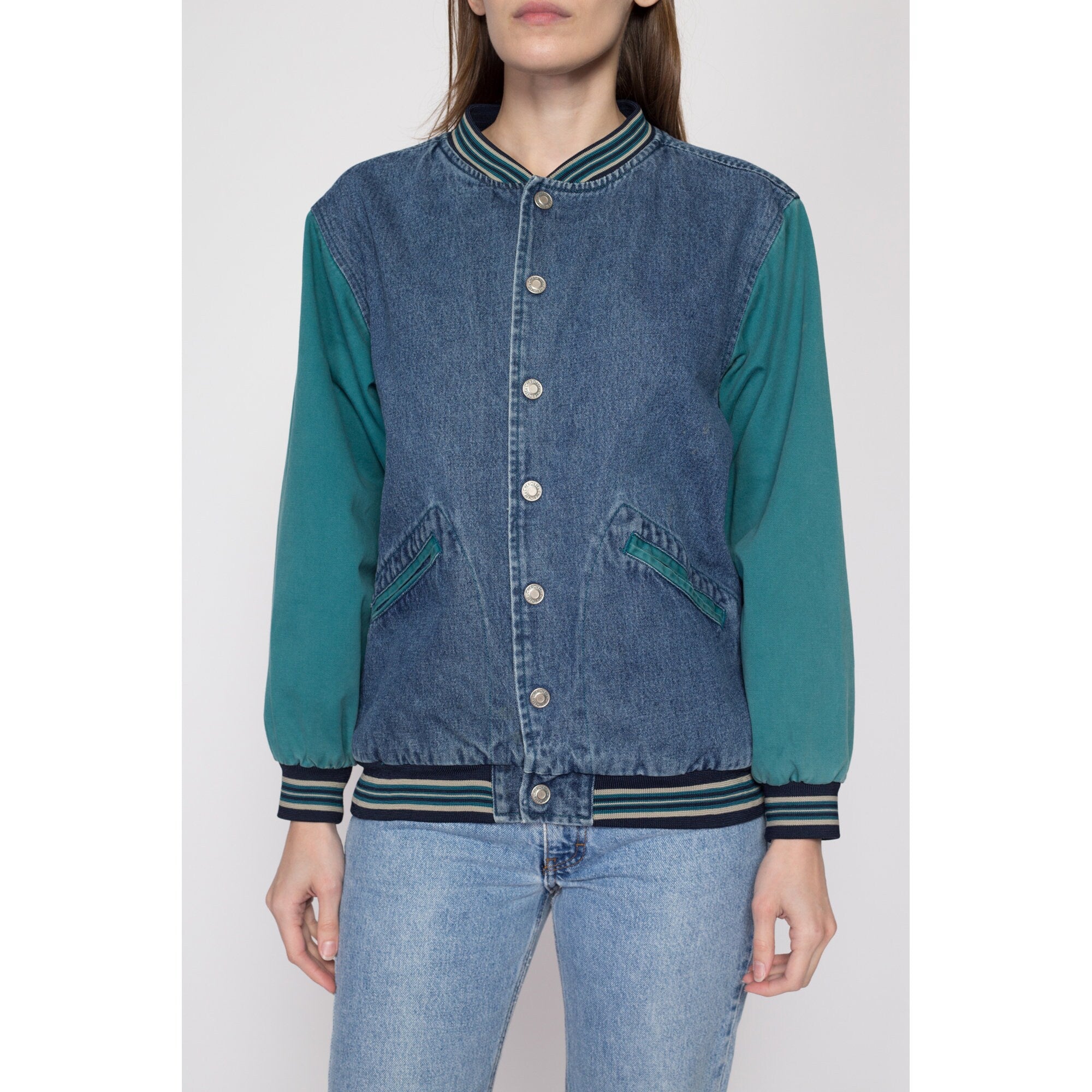 Cotton-Washed Vintage Denim Varsity Jacket with Khaki Sleeves (Small) at  Amazon Men's Clothing store