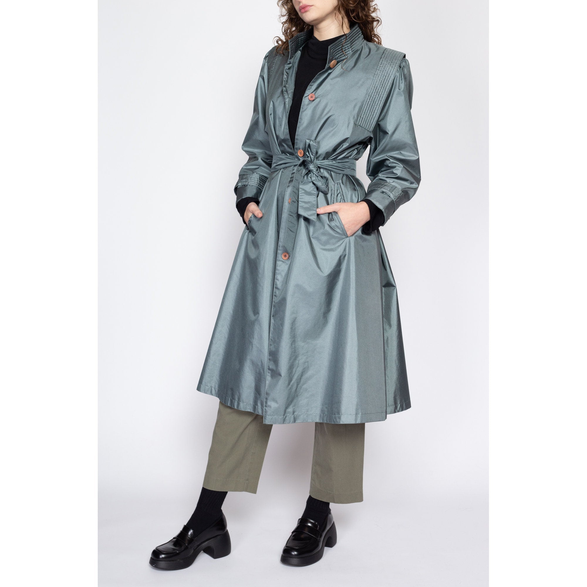 Small 80s Shiny Belted Slate Blue Trench Coat – Flying Apple Vintage