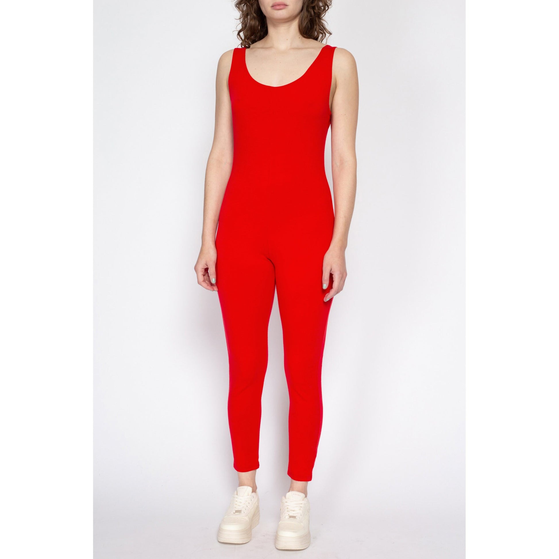 XL 90s Plain Red Fitted Unitard | Vintage Sporty Stretch Scoop Neck Jumpsuit