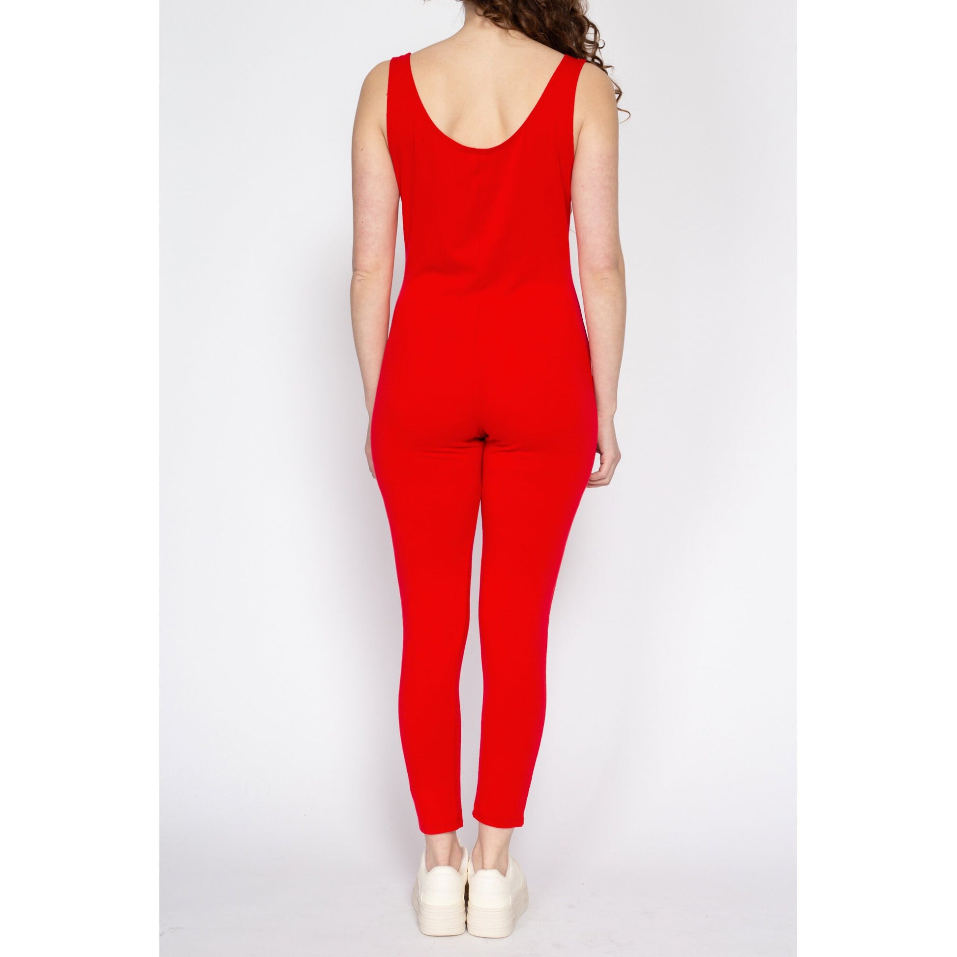 XL 90s Plain Red Fitted Unitard | Vintage Sporty Stretch Scoop Neck Jumpsuit