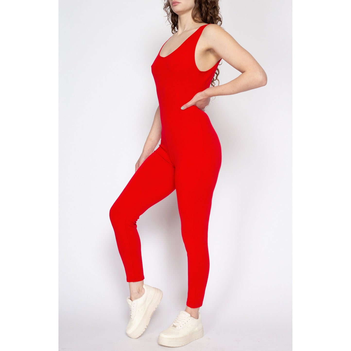 XL 90s Plain Red Fitted Unitard | Vintage Sporty Stretch Scoop Neck Jumpsuit