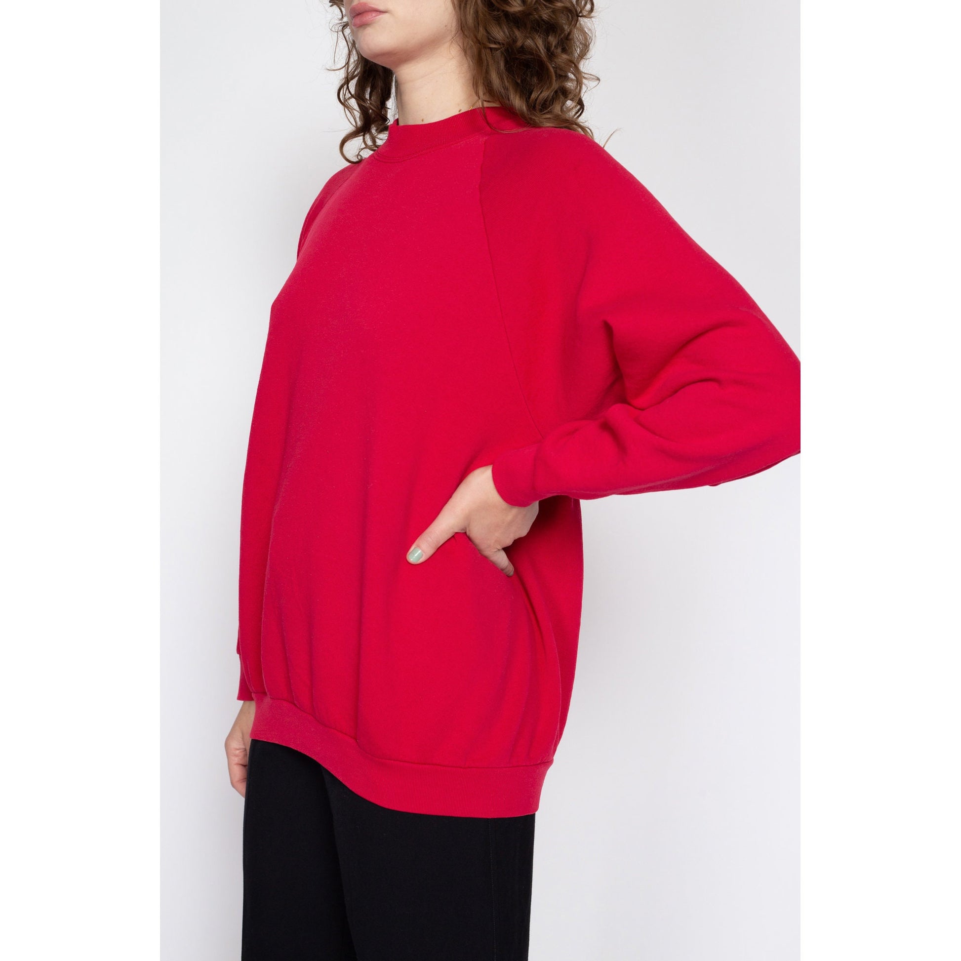 XL 90s Raspberry Red Raglan Sweatshirt | Vintage Slouchy Plain Crewneck Pullover