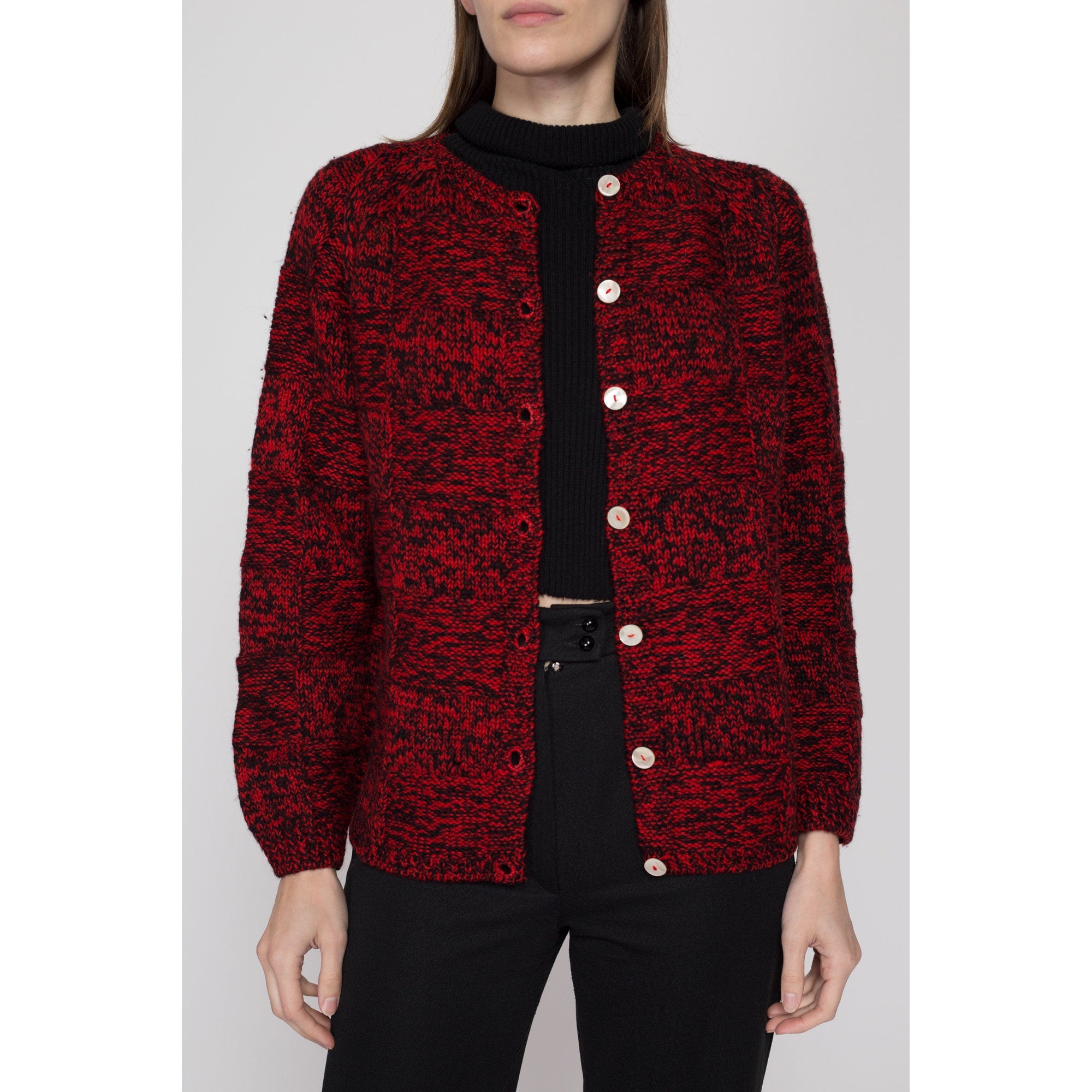 Medium 60s Saks Fifth Avenue Red & Black Marled Wool Cardigan