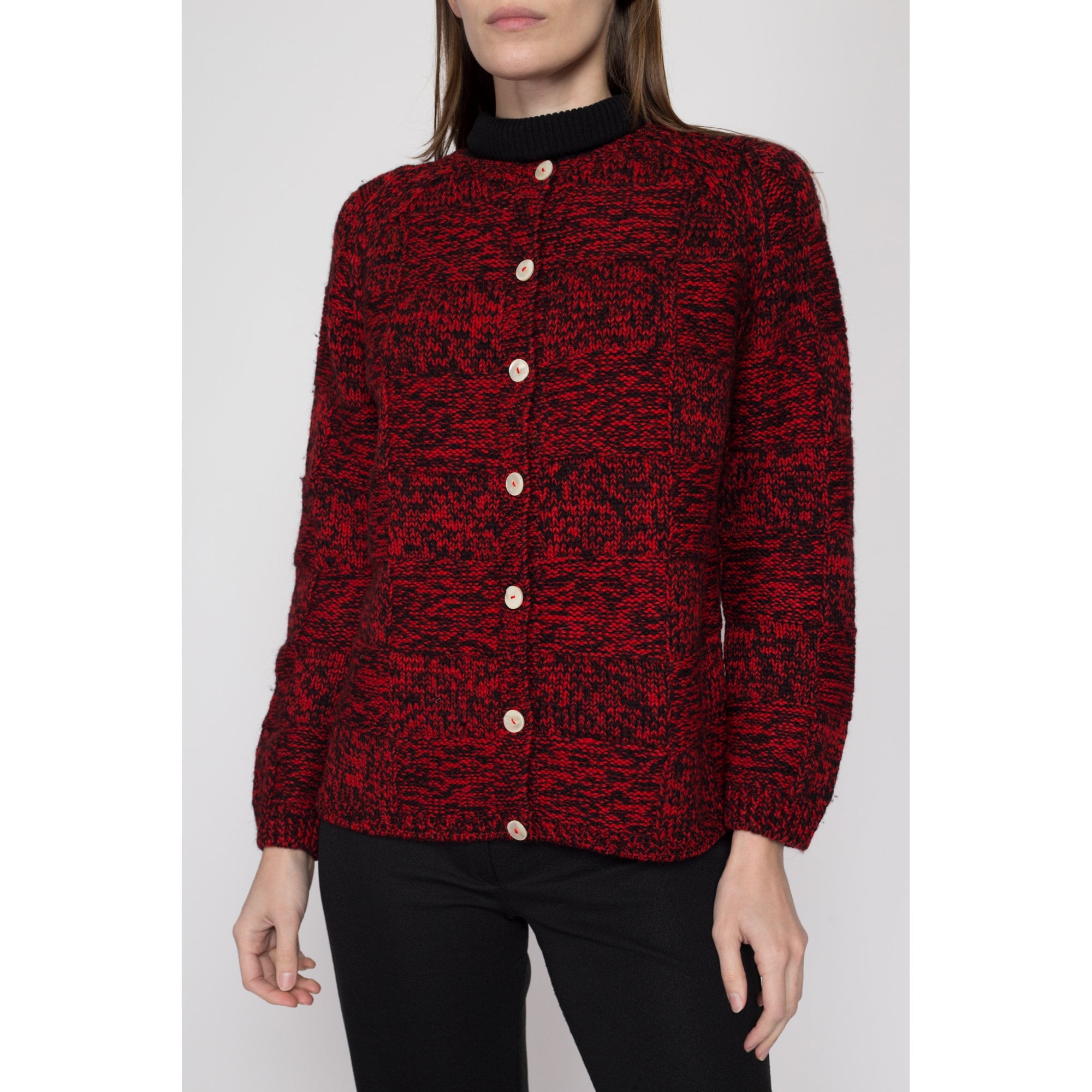 Medium 60s Saks Fifth Avenue Red & Black Marled Wool Cardigan