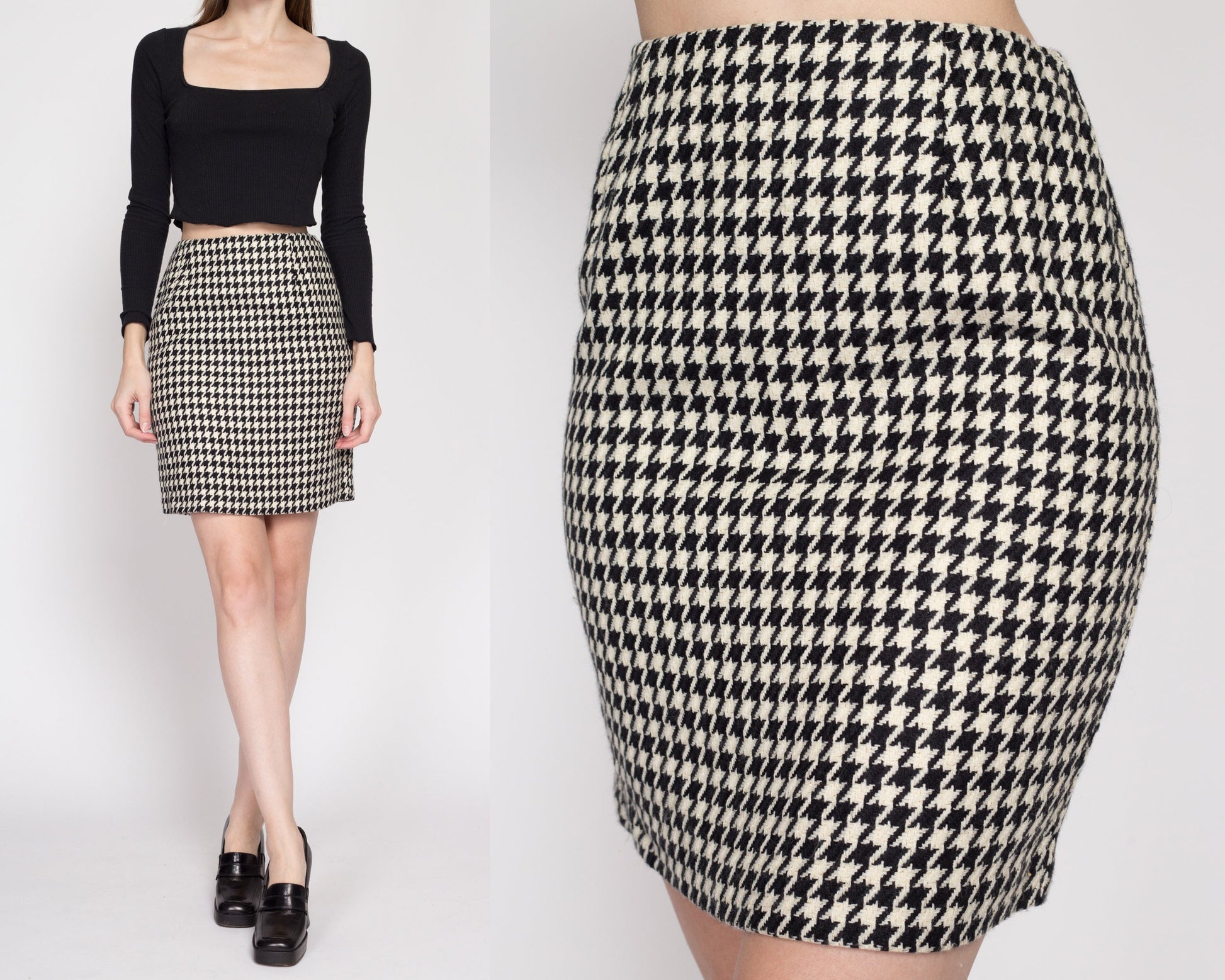 XS 90s Hugo Buscati Houndstooth Mini Skirt 24.5" | Vintage Black & White High Waisted Fitted Pencil Skirt