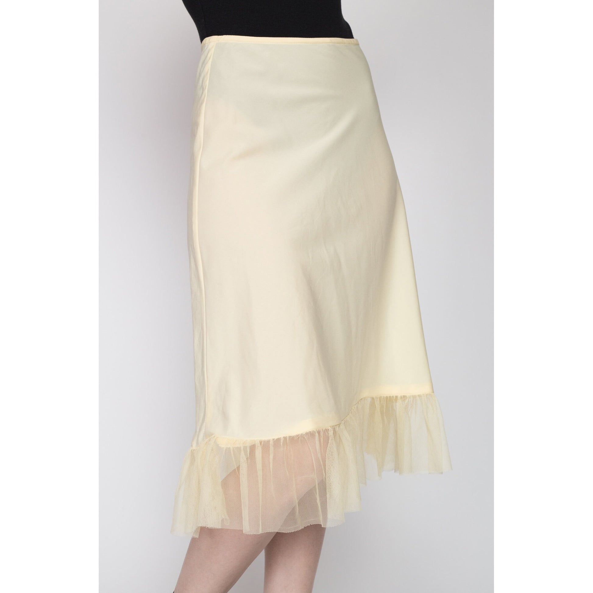 XS Vintage Yellow Ruffle Skirt Slip | 90s Y2K Fairycore Sheer Lingerie Midi Half Slip