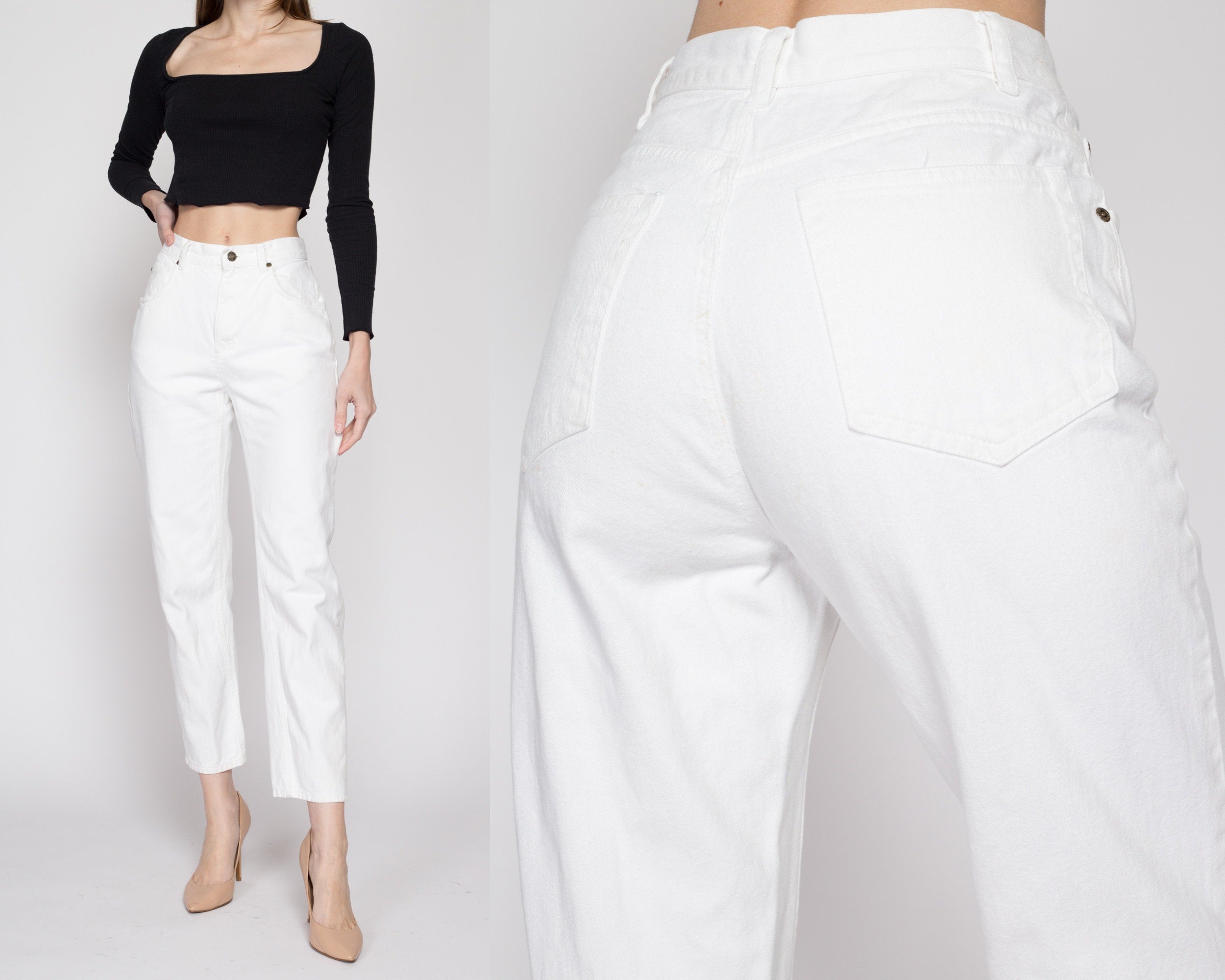 Vintage LIZ CLAIBORNE Petite High Waist Tapered Leg Perfect White Denim Jeans popular