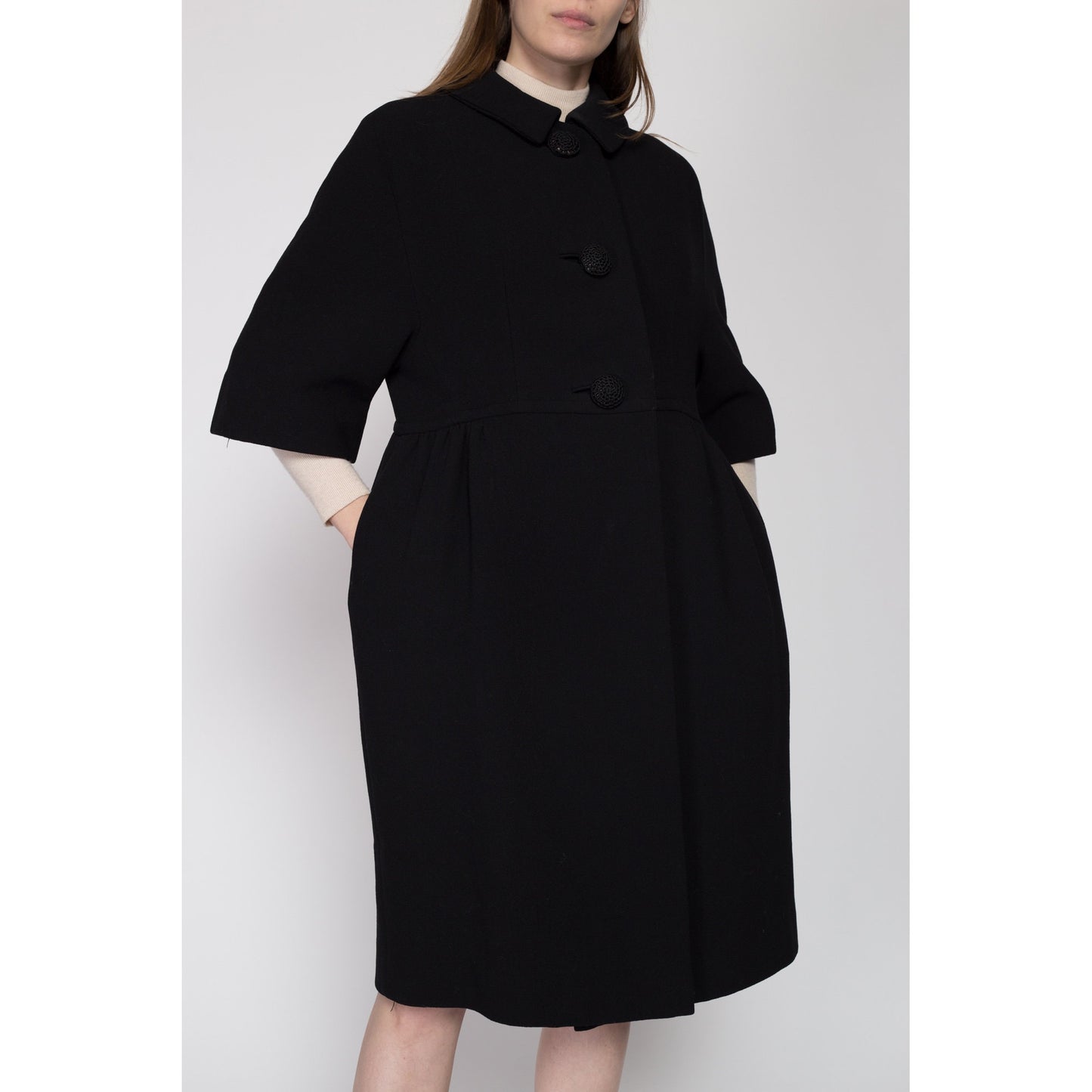 Medium 1950s Black Wool Bubble Coat | Retro Vintage 50s Needle Craft Button Up Midi Swing Jacket