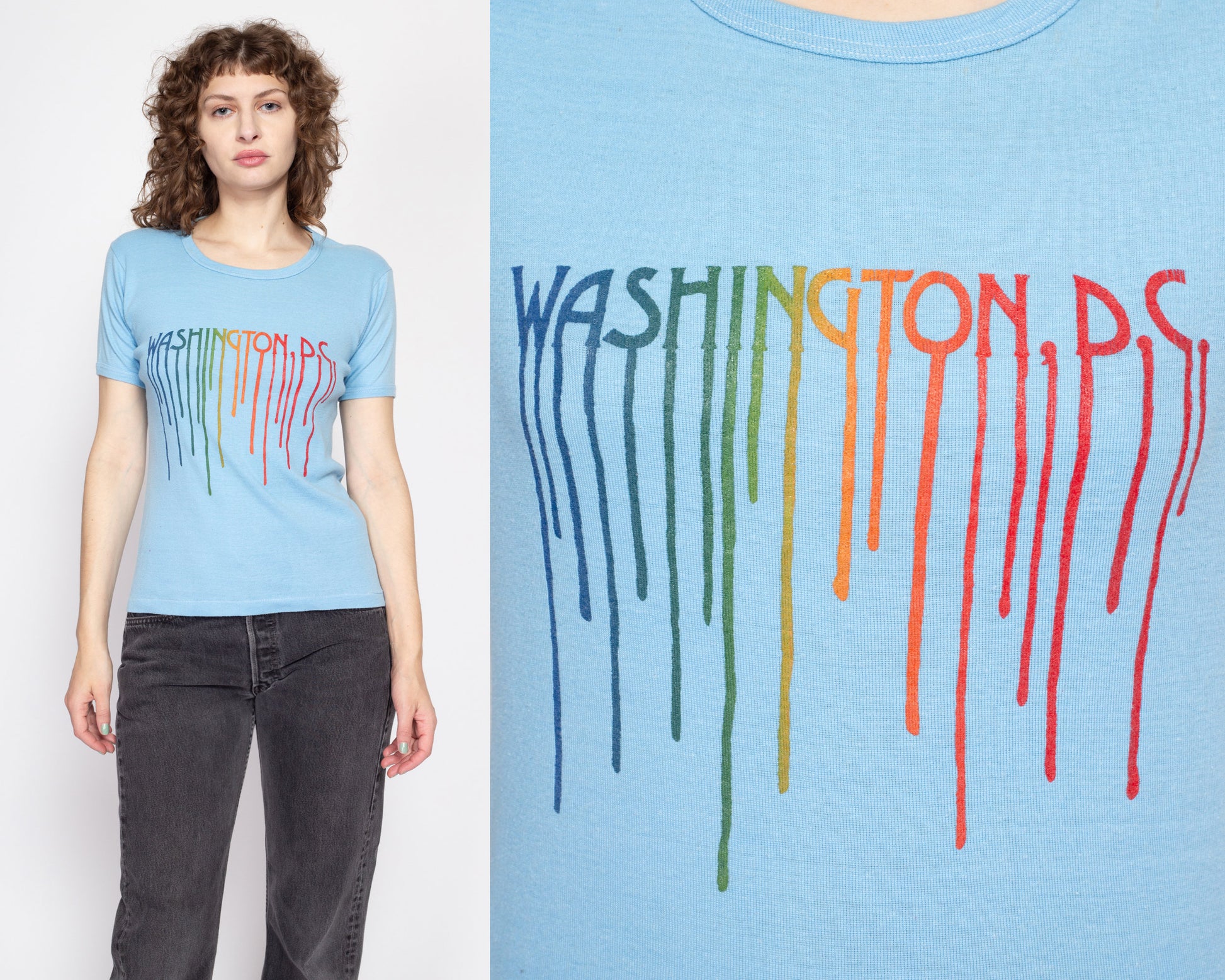 Med-Lrg 70s Washington DC Rainbow Paint Drip Graphic Tee | Vintage Blue Novelty Print Fitted T Shirt