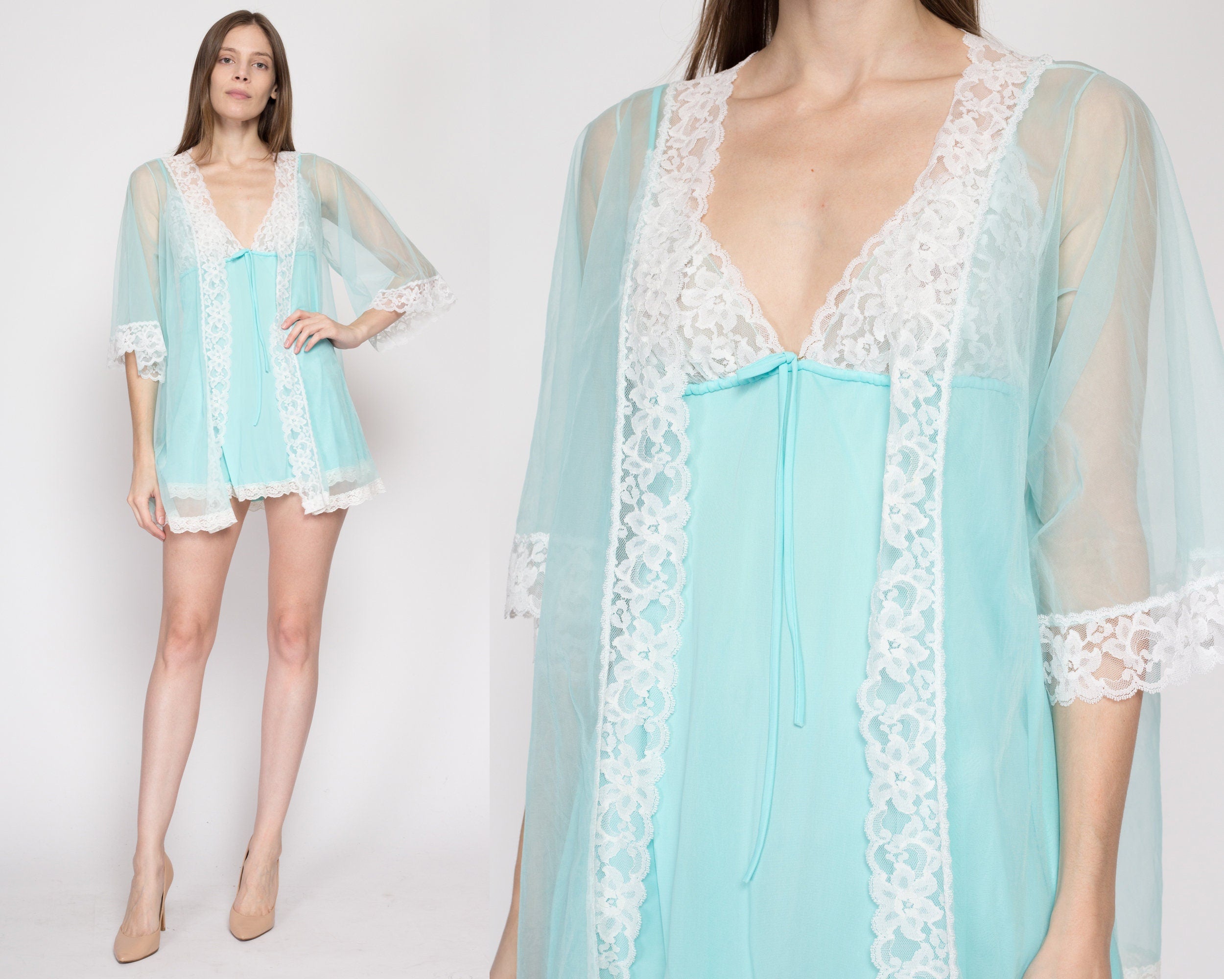 Vintage 60’s Chiffon Lace Peignoir 2024 V Back Nightgown Robe Sleeve Lounger Robe by Intime of California