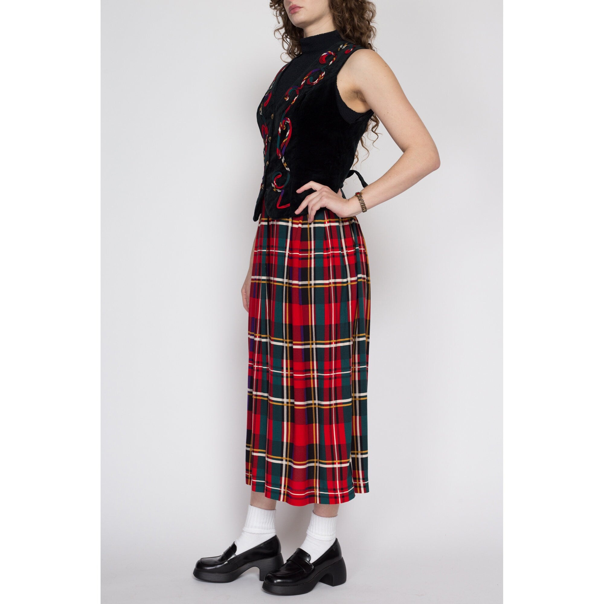 Medium 80s Lanz Velvet Vest Plaid Skirt Midi Dress NWT Flying