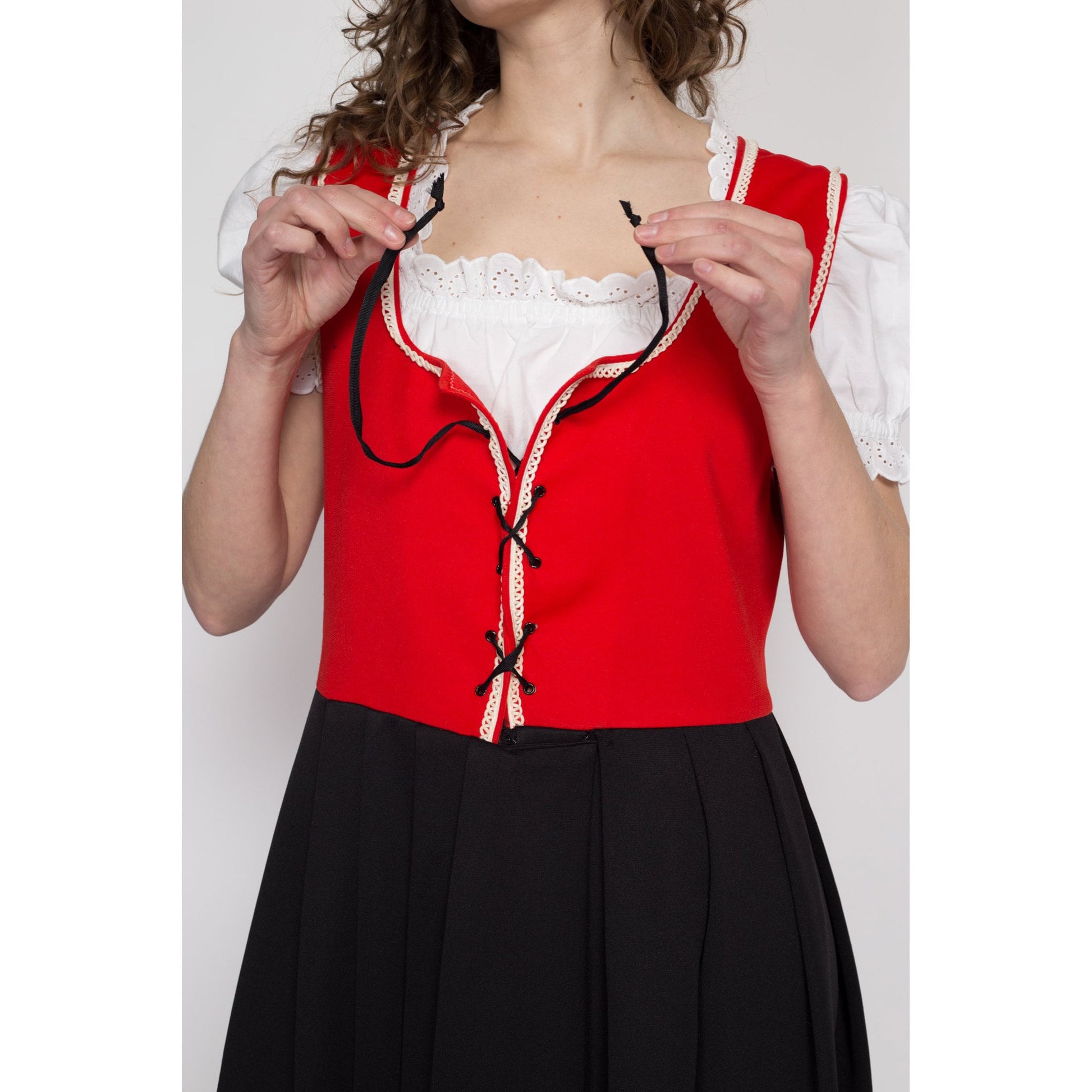 Large 70s Red & Black Dirndl Folk Dress, As Is | Vintage Oktoberfest German Trachten Boho Corset Tie Pinafore Midi