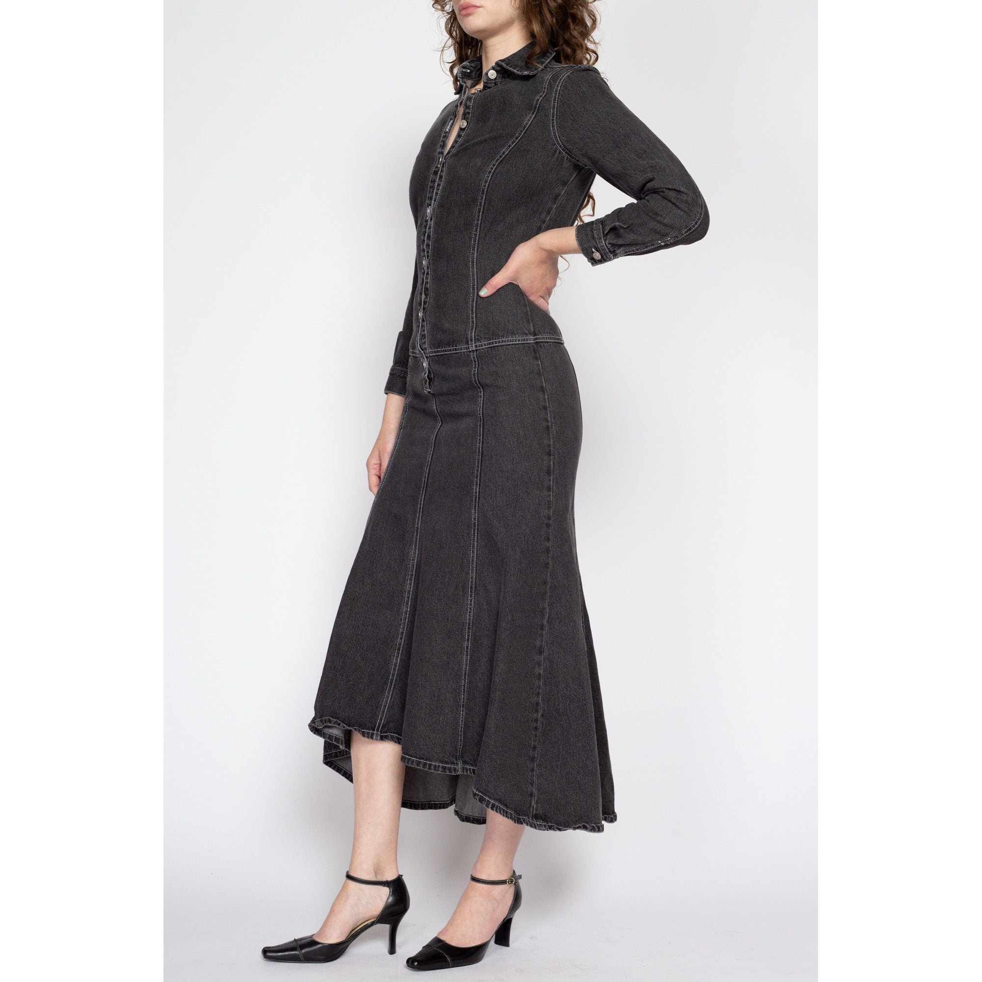 XS 90s Black Denim Maxi Dress – Flying Apple Vintage