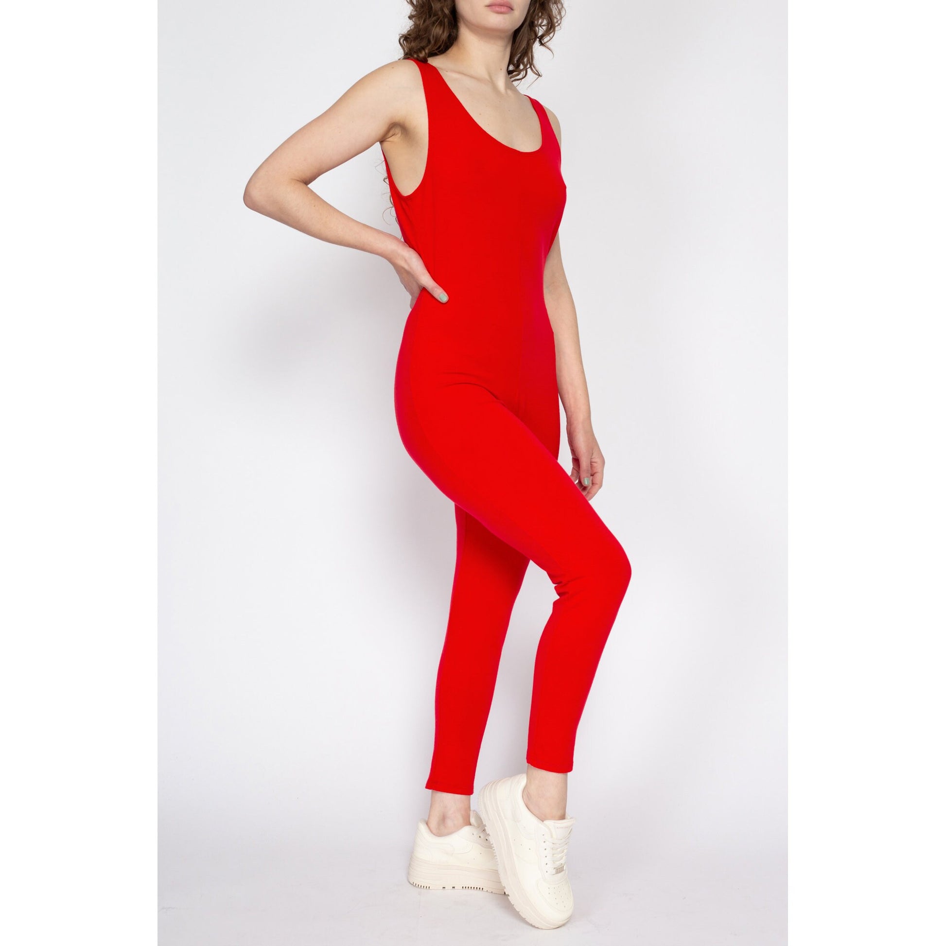 XL 90s Plain Red Fitted Unitard | Vintage Sporty Stretch Scoop Neck Jumpsuit