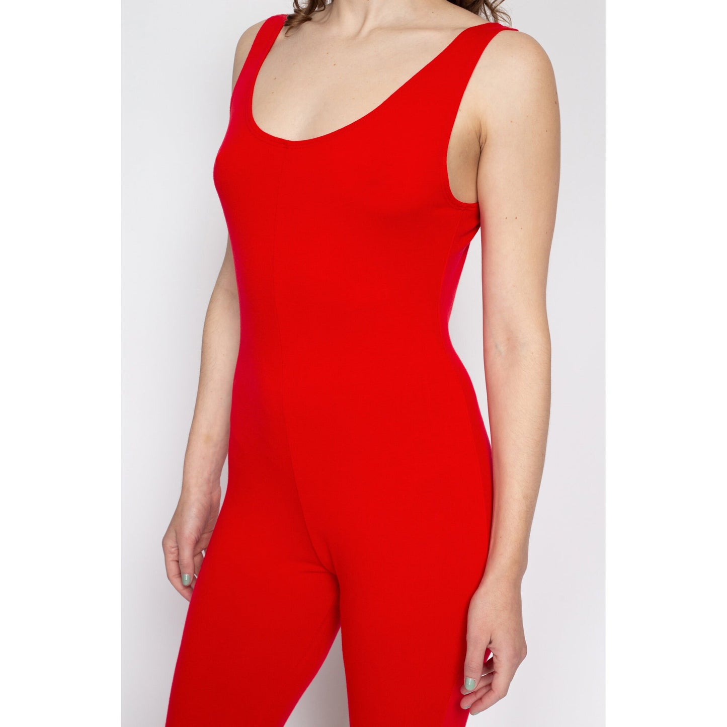 XL 90s Plain Red Fitted Unitard | Vintage Sporty Stretch Scoop Neck Jumpsuit