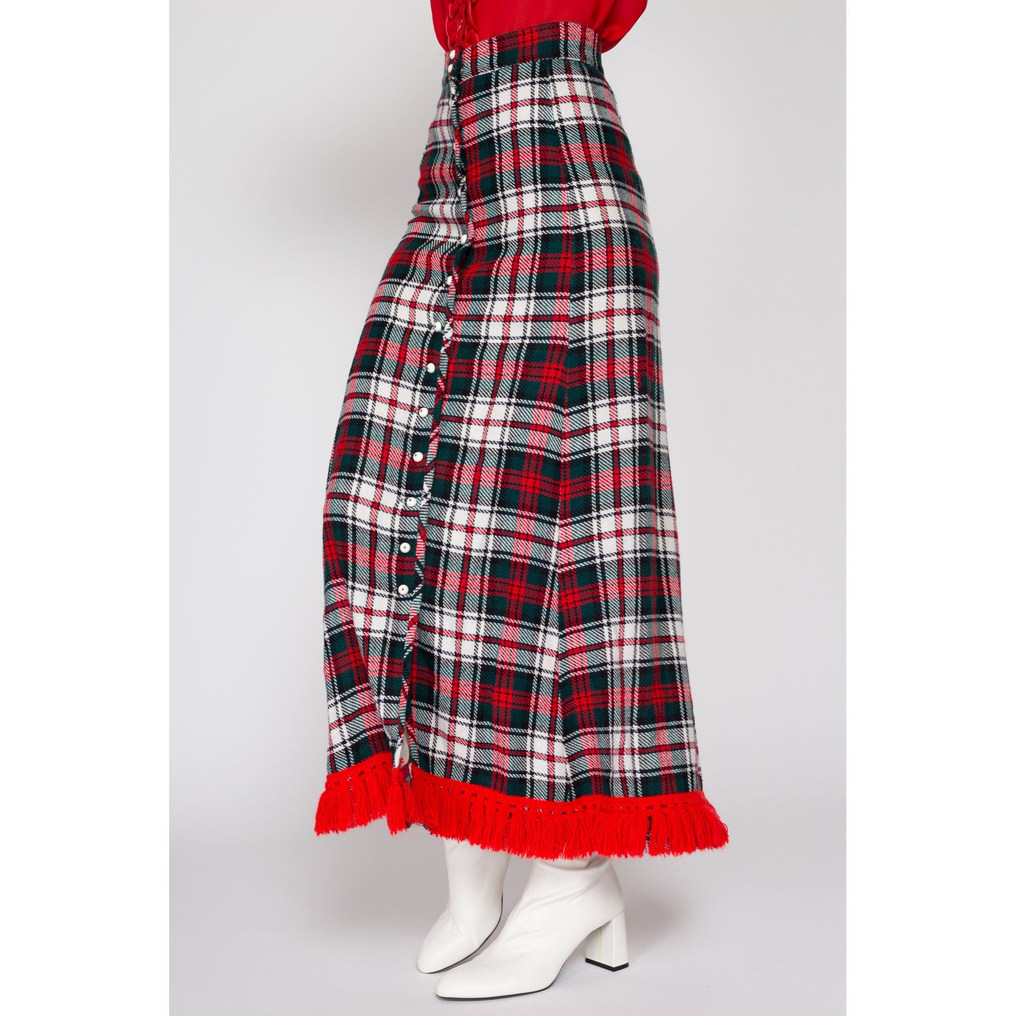 XS 70s Red Plaid Holiday Maxi Skirt 24.5