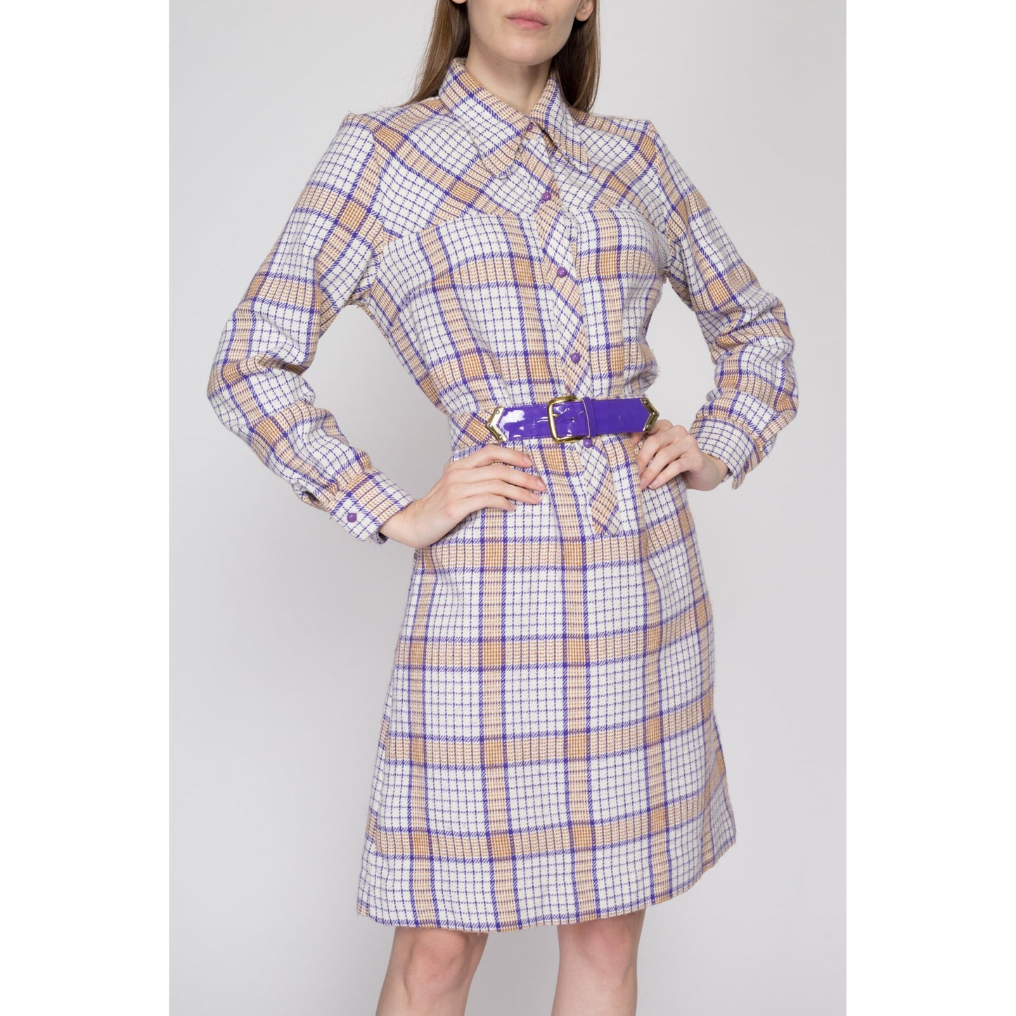 Medium 60s Mod Plaid Belted Shirtdress | Vintage Purple White Long Sleeve Knit Mini Dress