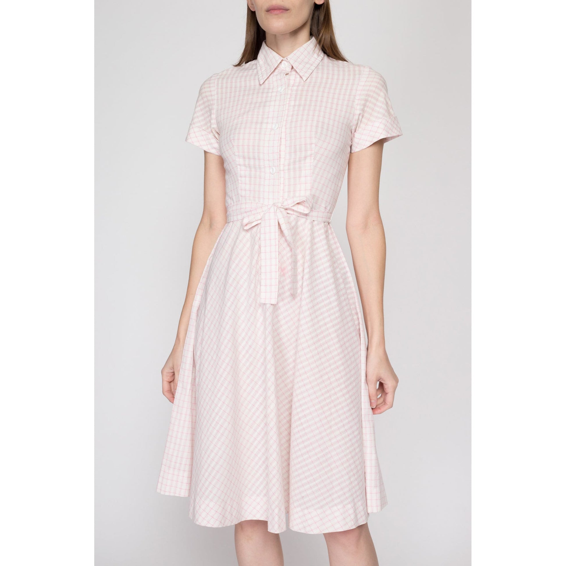 XS 1950s Pink & White Seersucker Shirtdress | Vintage 50s Belted Boho Cotton Knee Length Dress