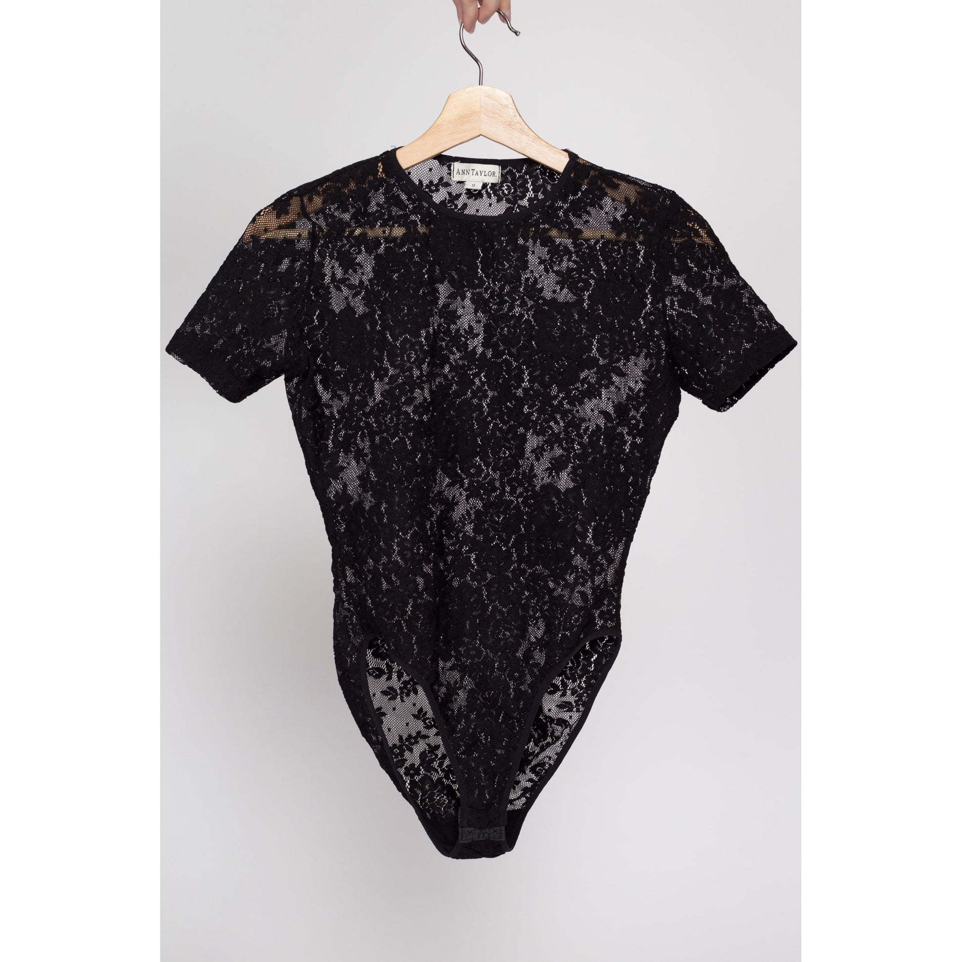 vintage 90s bodysuit top black lace stretch velvet lo… - Gem