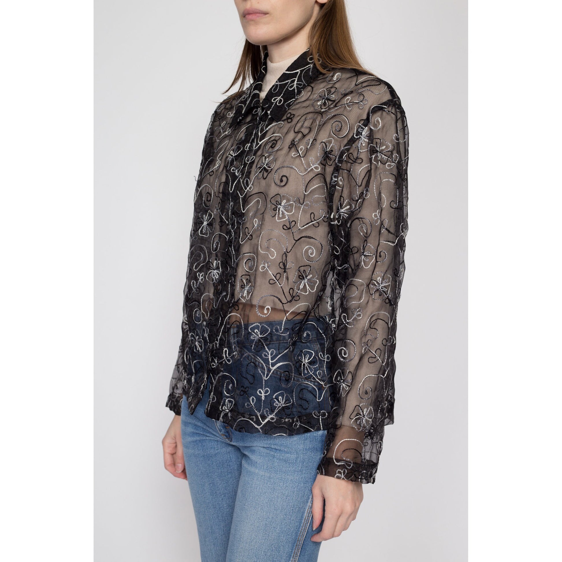 Small 90s Sheer Black Silk Embroidered Blouse | Vintage Oversize Boho Floral Collared Long Sleeve Top