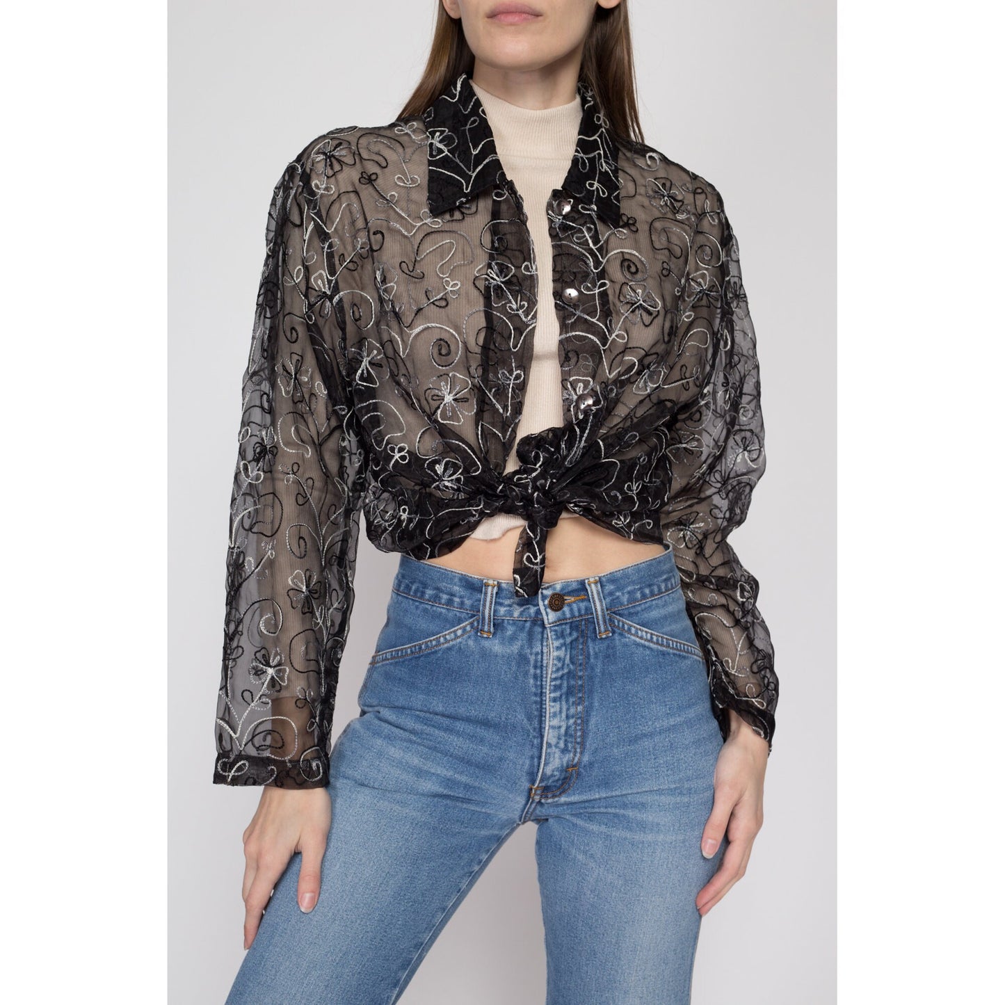 Small 90s Sheer Black Silk Embroidered Blouse | Vintage Oversize Boho Floral Collared Long Sleeve Top