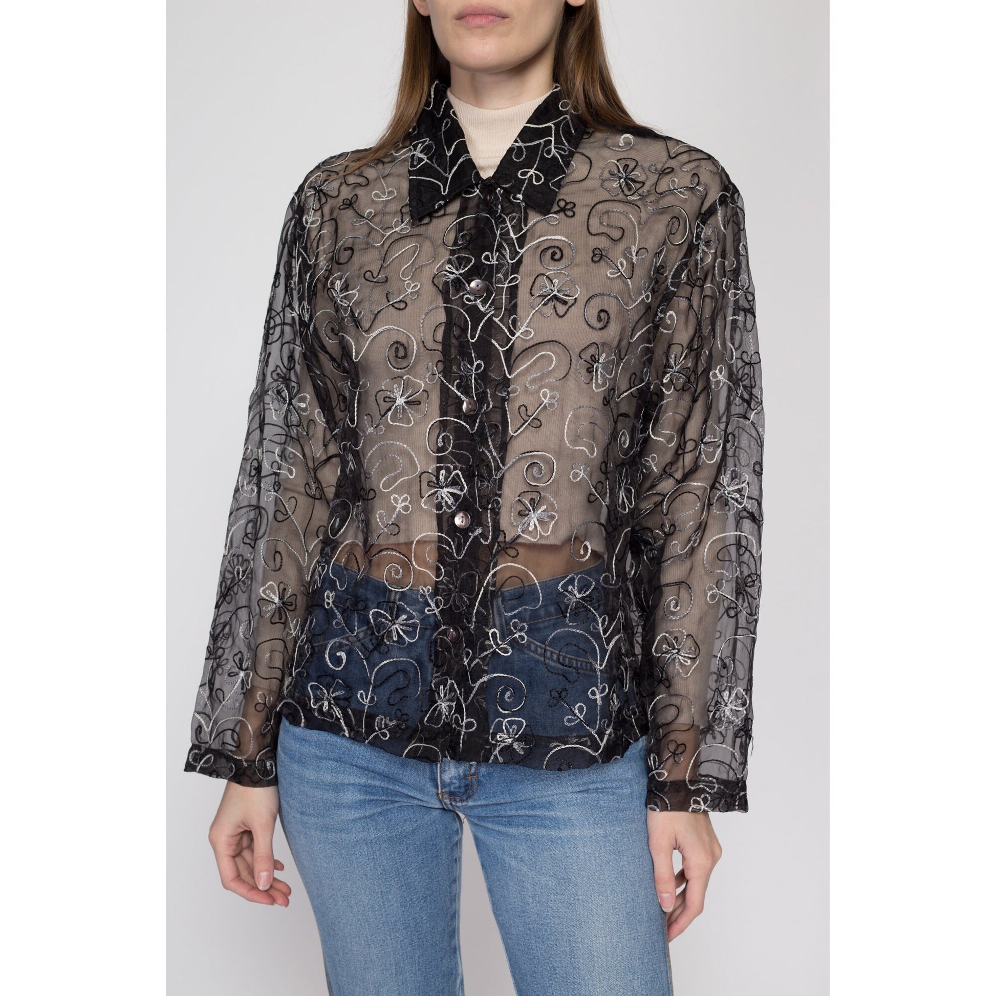 Small 90s Sheer Black Silk Embroidered Blouse | Vintage Oversize Boho Floral Collared Long Sleeve Top