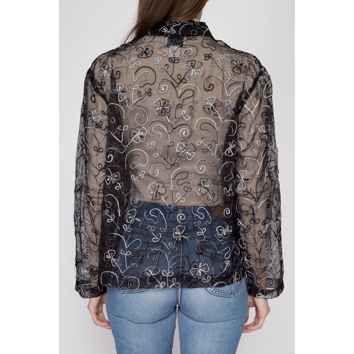 Small 90s Sheer Black Silk Embroidered Blouse | Vintage Oversize Boho Floral Collared Long Sleeve Top