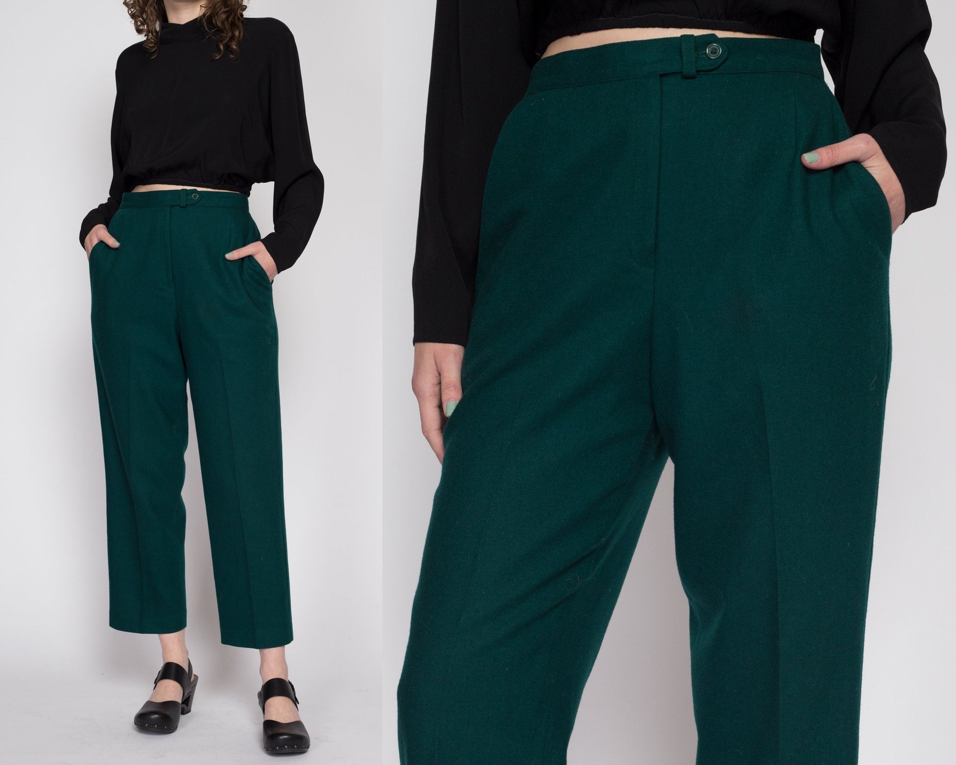 Large 80s Forest Green Merino Wool Trousers 31" | Vintage High Waisted Pleated Tapered Leg Pants