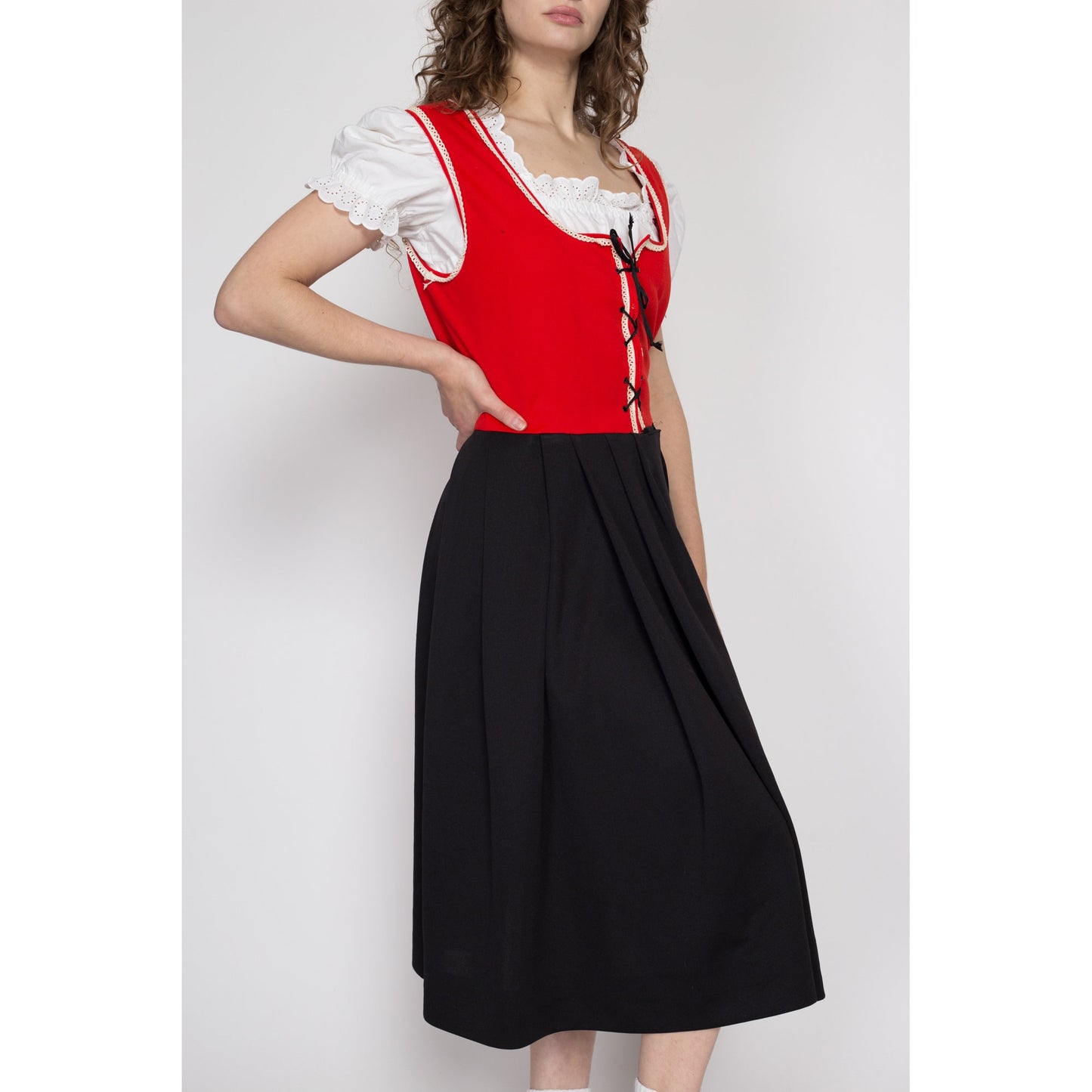 Large 70s Red & Black Dirndl Folk Dress, As Is | Vintage Oktoberfest German Trachten Boho Corset Tie Pinafore Midi