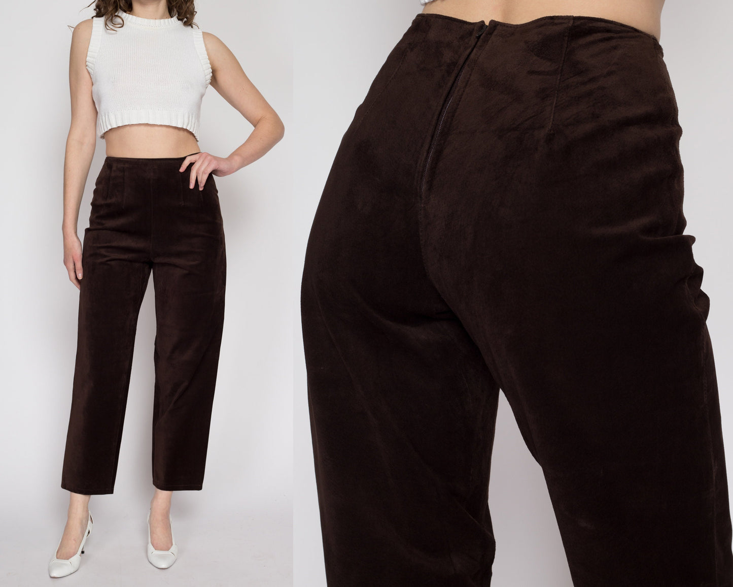 Small 90s Brown Suede High Waisted Trousers 26" | Vintage Ann Taylor Leather Tapered Leg Ankle Pants