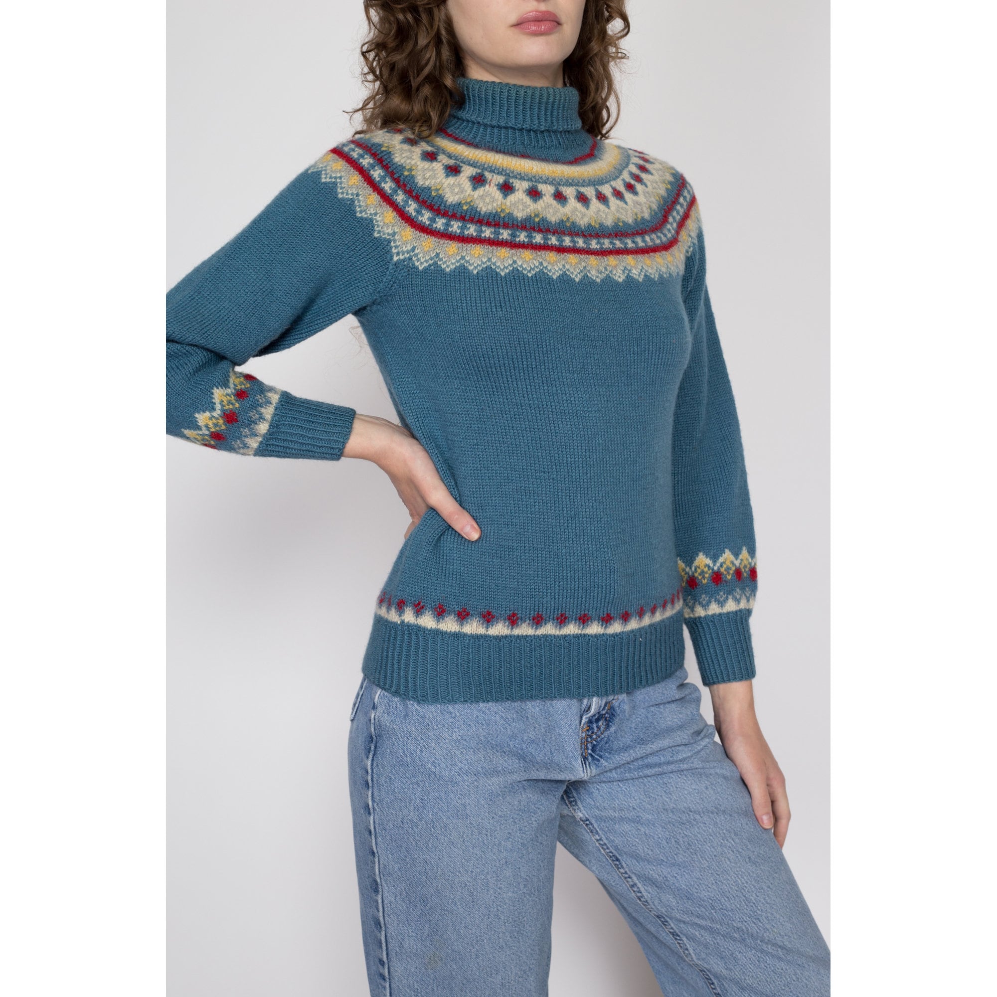 Small 70s Blue Fair Isle Turtleneck Sweater – Flying Apple Vintage