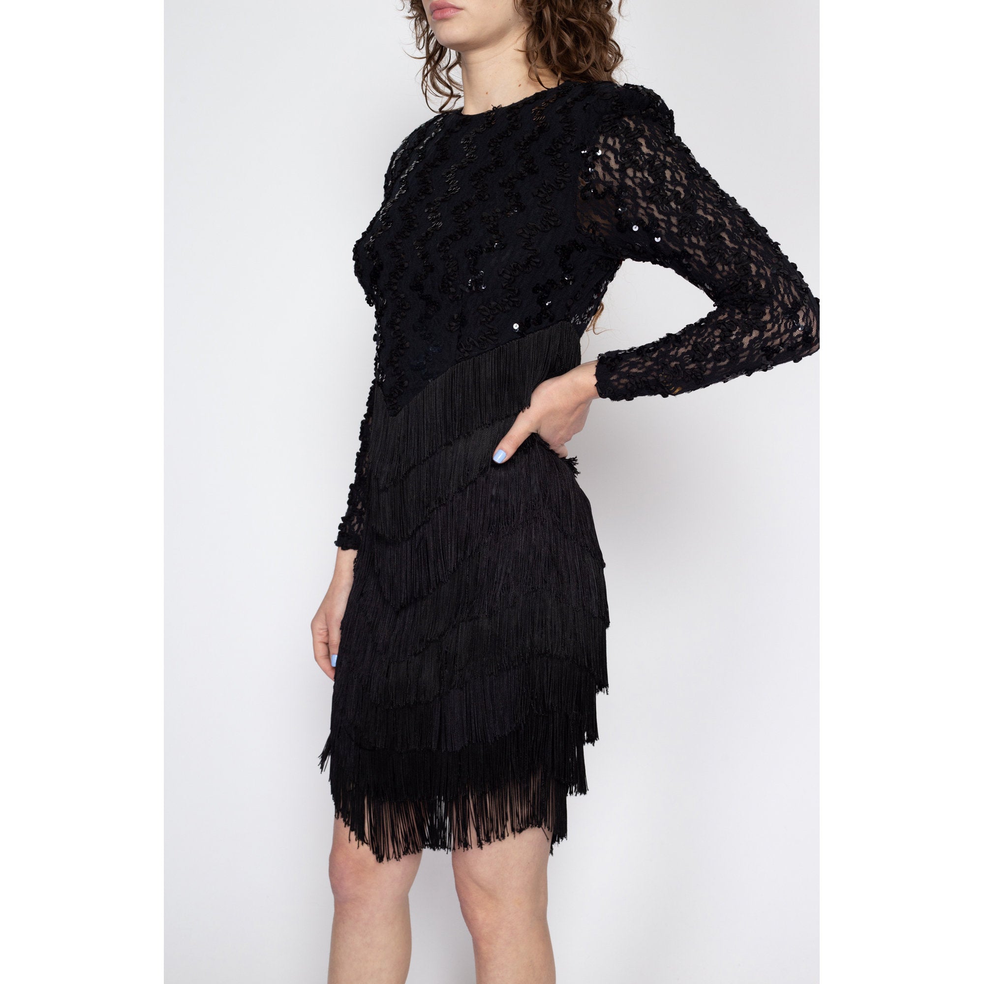 Sm-Med 80s Black Sequin Fringe Backless Party Dress – Flying Apple Vintage