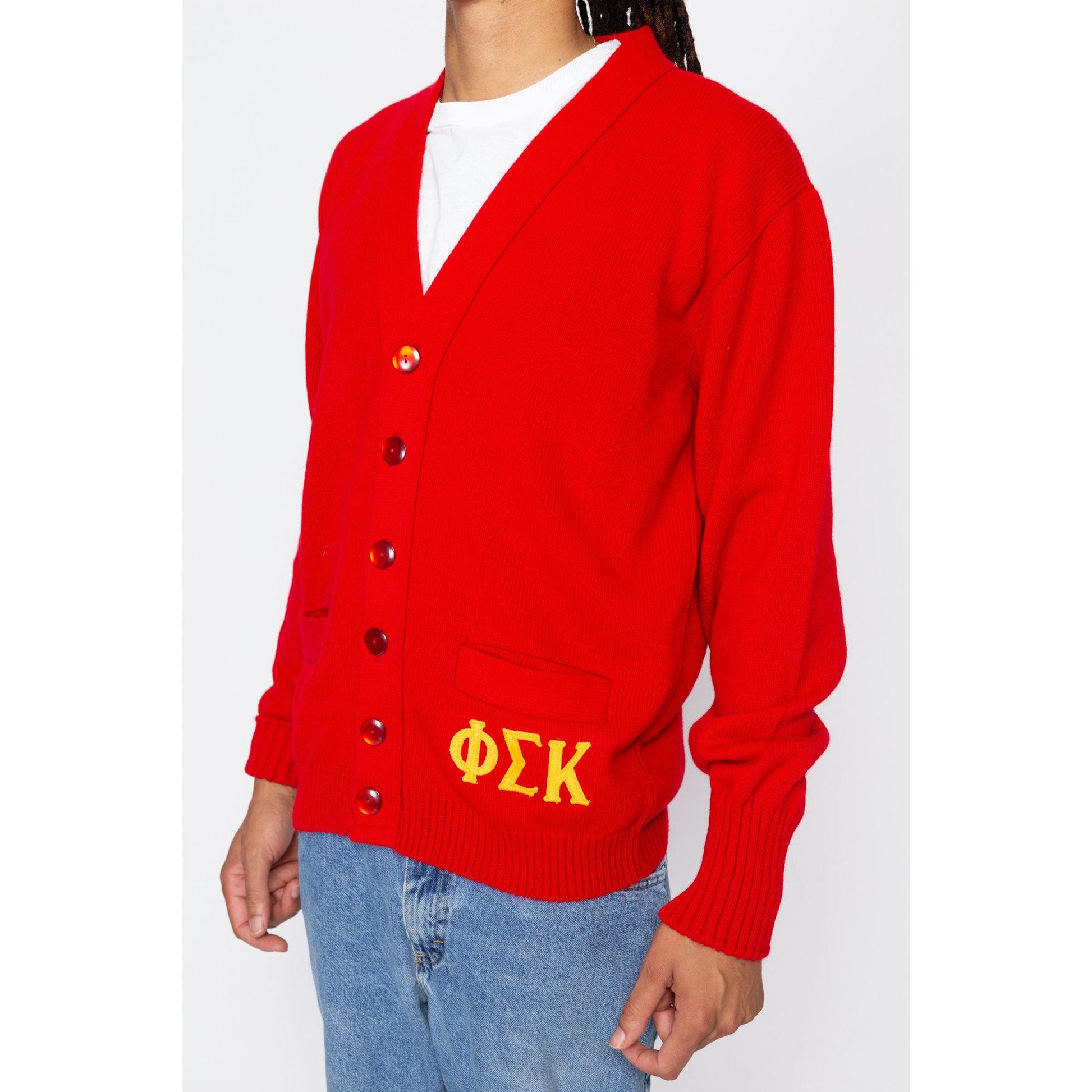 Large 70s Red Phi Sigma Kappa Fraternity Cardigan | Vintage V Neck Button Up Greek Life Frat Varsity Sweater