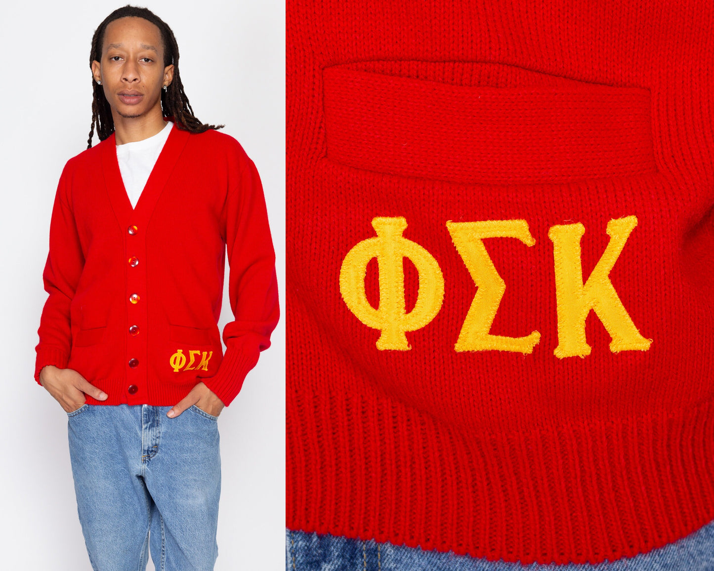 Large 70s Red Phi Sigma Kappa Fraternity Cardigan | Vintage V Neck Button Up Greek Life Frat Varsity Sweater