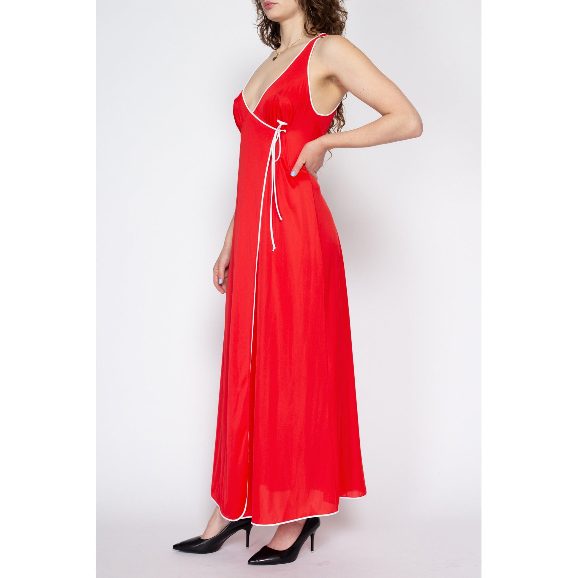 Red Satin Slip Sleeveless V-Neck Nightgown
