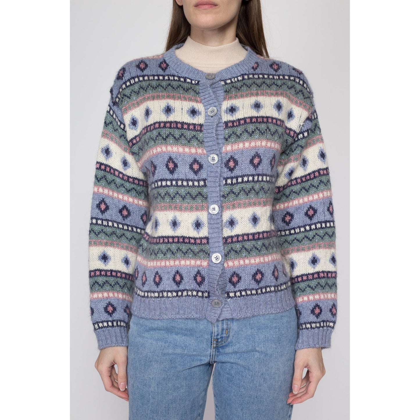 Medium 90s LL Bean Pastel Fair Isle Cardigan | Vintage Mohair Blend Button Up Striped Knit Sweater