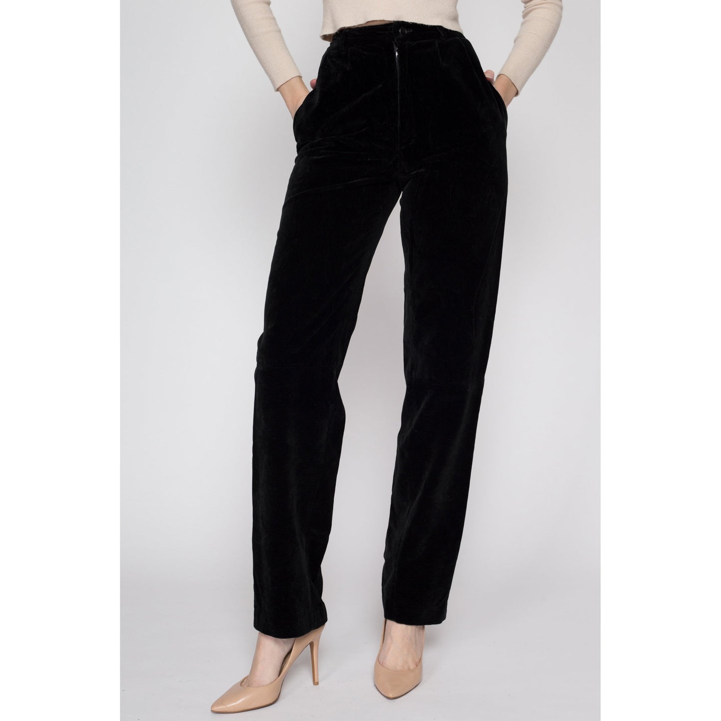 XS 70s Black Corduroy High Waisted Pants 22.5" | Retro Vintage Tall Long Inseam Pleated Trousers