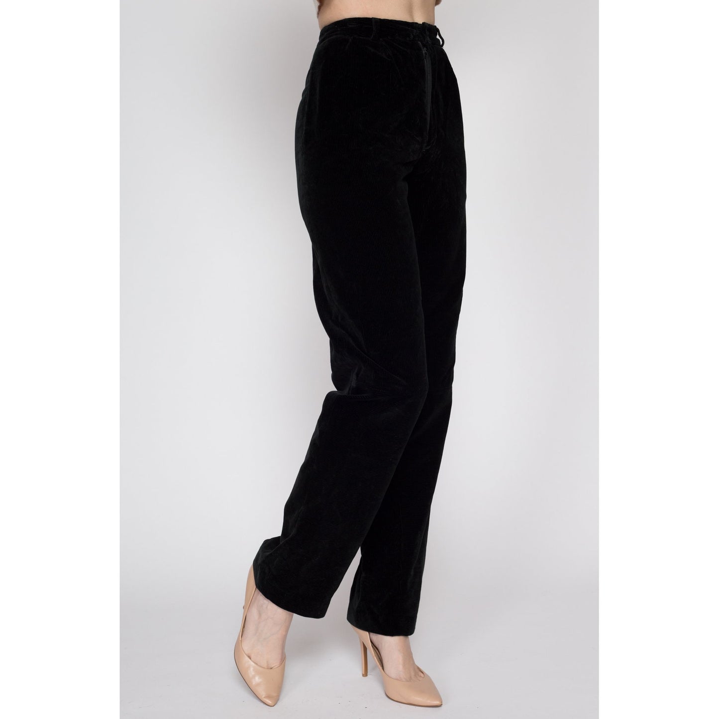 XS 70s Black Corduroy High Waisted Pants 22.5" | Retro Vintage Tall Long Inseam Pleated Trousers
