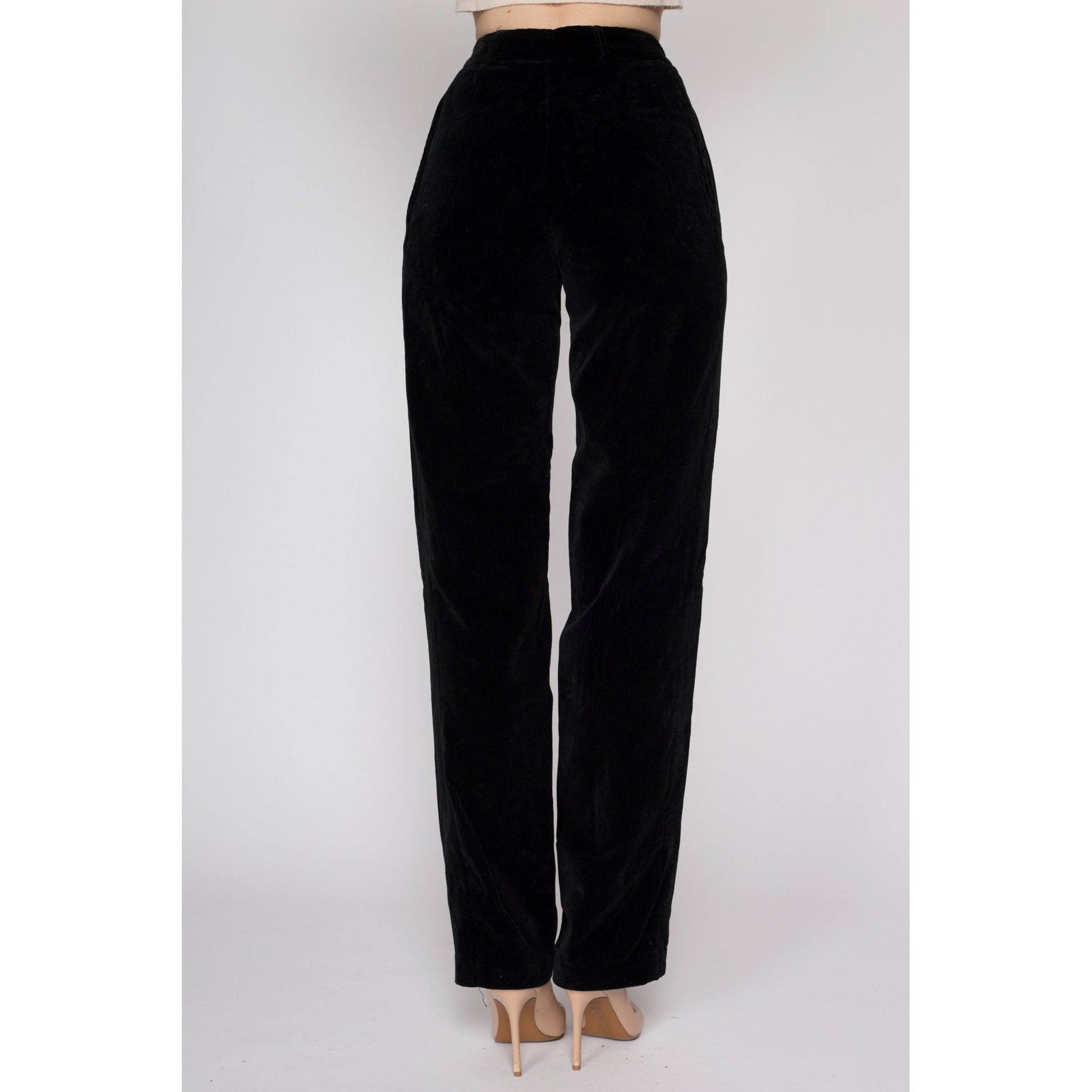XS 70s Black Corduroy High Waisted Pants 22.5" | Retro Vintage Tall Long Inseam Pleated Trousers